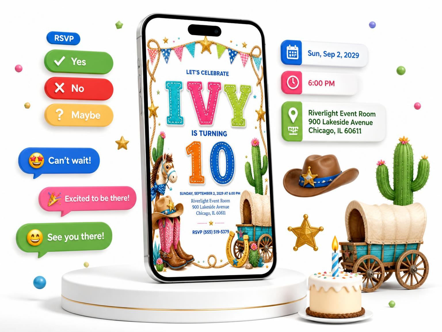 The Stitched Cowboy 10th Birthday Invitation invitation on a phone, with guest RSVPs arriving around it