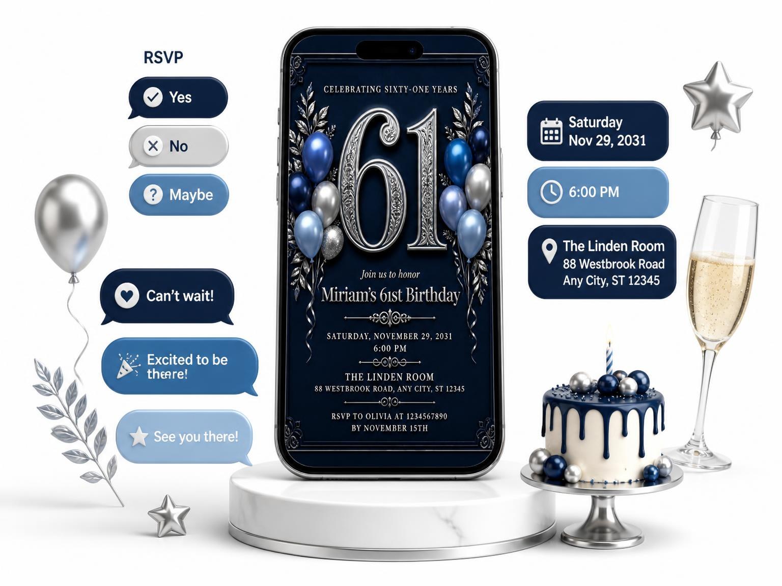 The Navy and Silver 61st Birthday Invitation invitation on a phone, with guest RSVPs arriving around it