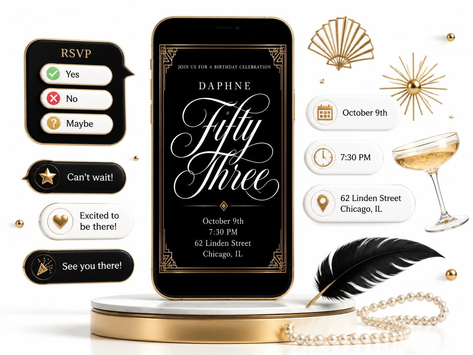 The Art Deco 53rd Birthday Invitation invitation on a phone, with guest RSVPs arriving around it