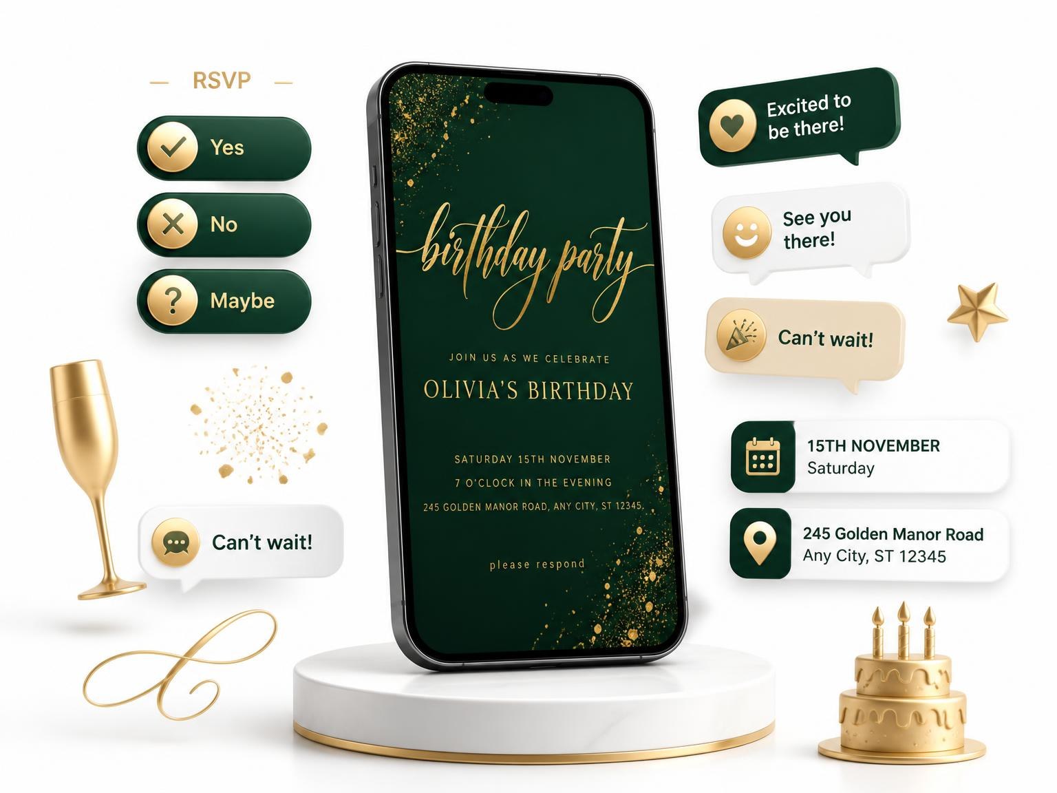 The Forest Green and Gold Birthday Invitation invitation on a phone, with guest RSVPs arriving around it