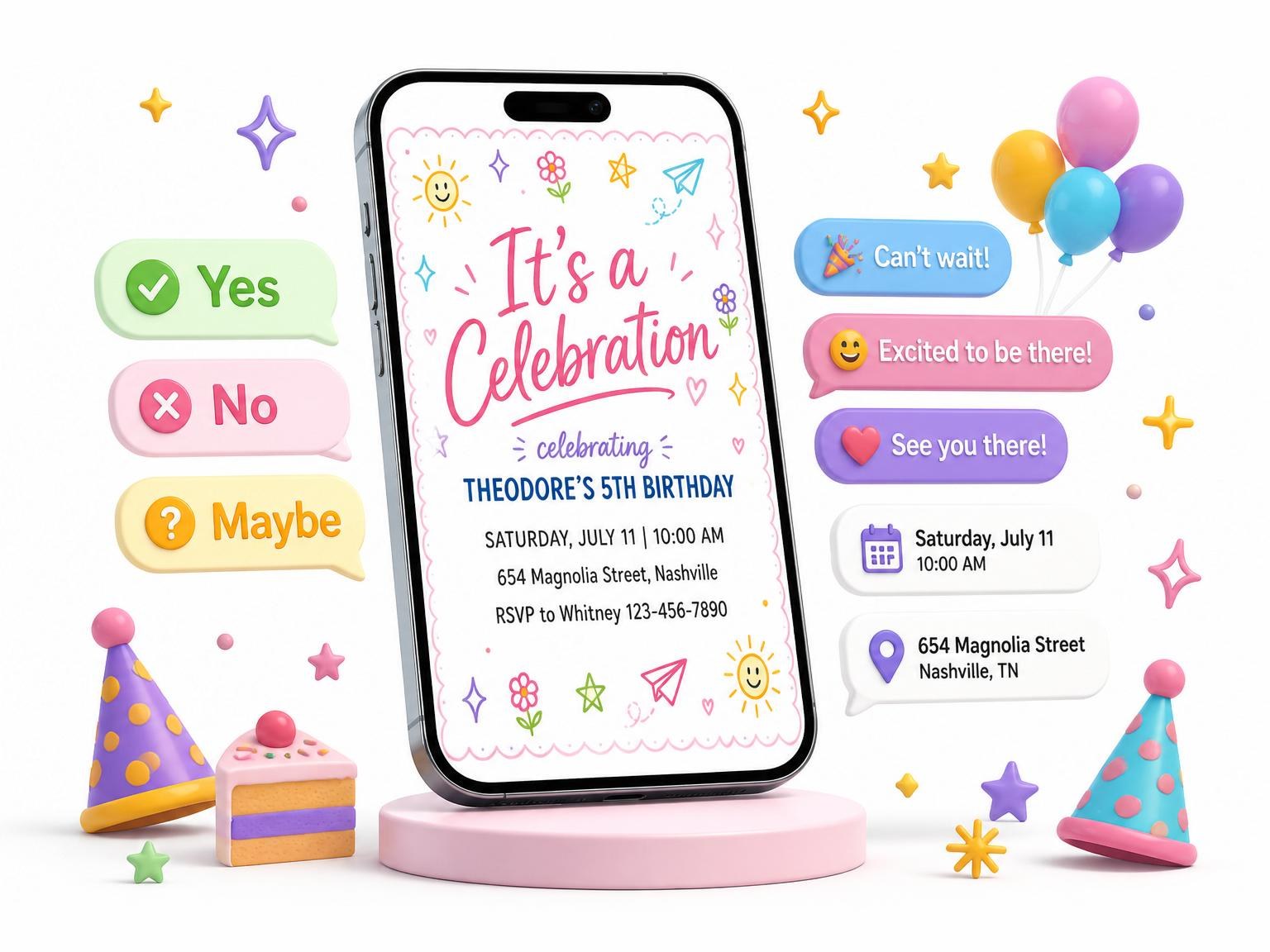 The Colorful Doodle Scalloped 5th Birthday Invitation invitation on a phone, with guest RSVPs arriving around it