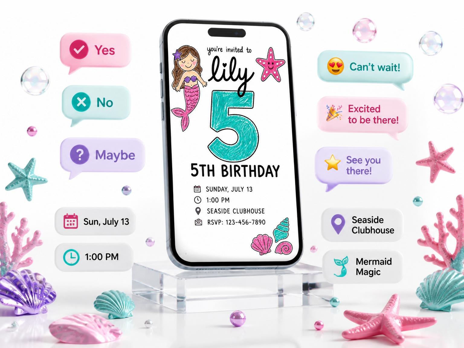 The Crayon Mermaid Sea Creature 5th Birthday invitation on a phone, with guest RSVPs arriving around it