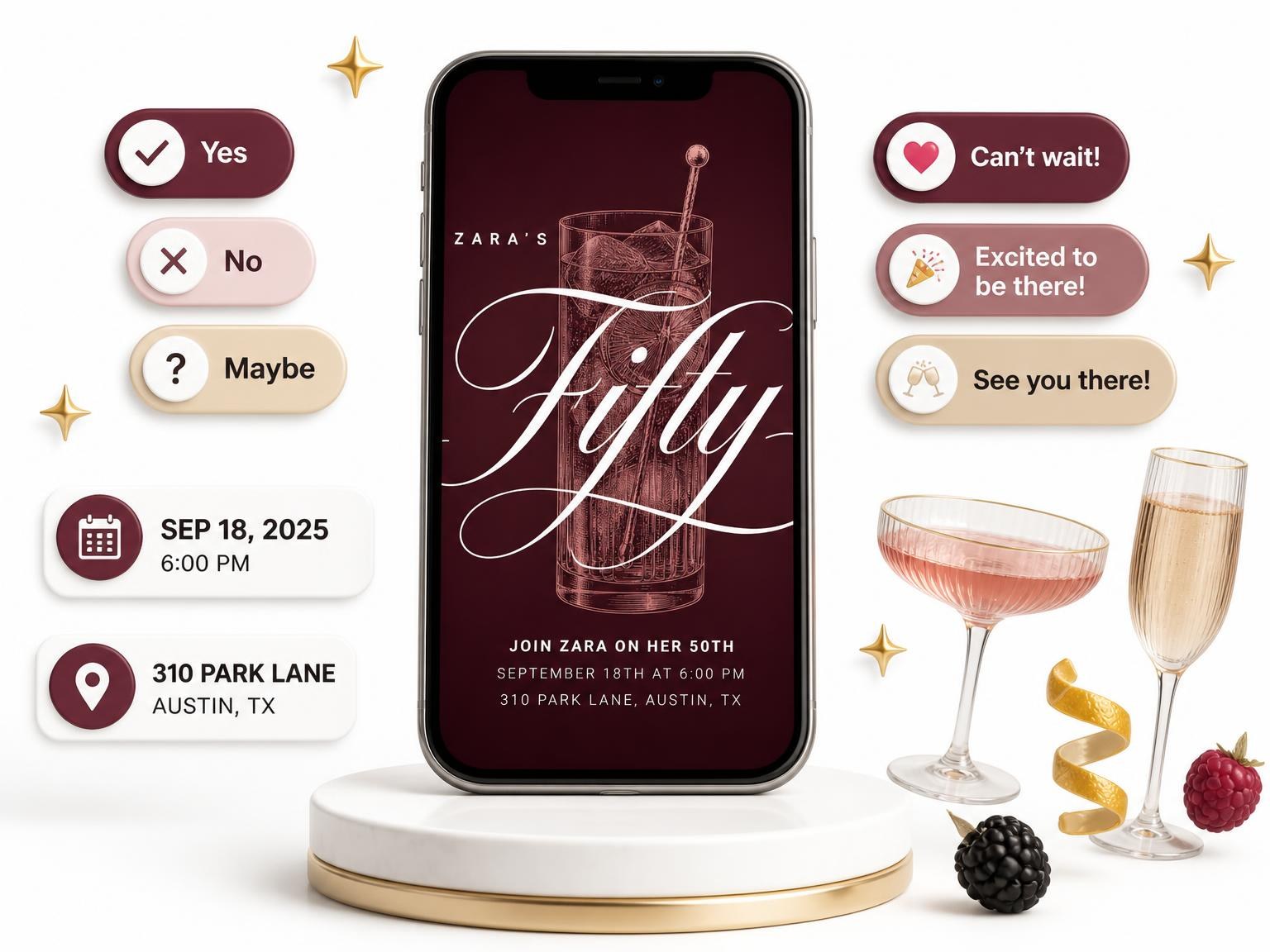 The Burgundy Cocktail 50th Birthday Invitation invitation on a phone, with guest RSVPs arriving around it