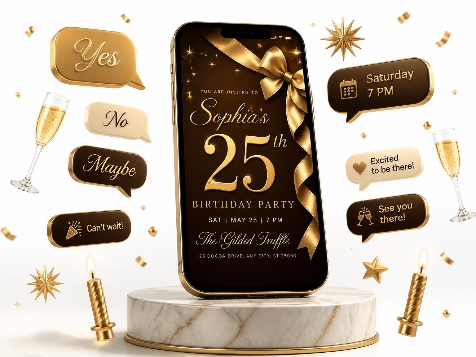 The Gold Ribbon Dark Chocolate 25th Birthday invitation on a phone, with guest RSVPs arriving around it
