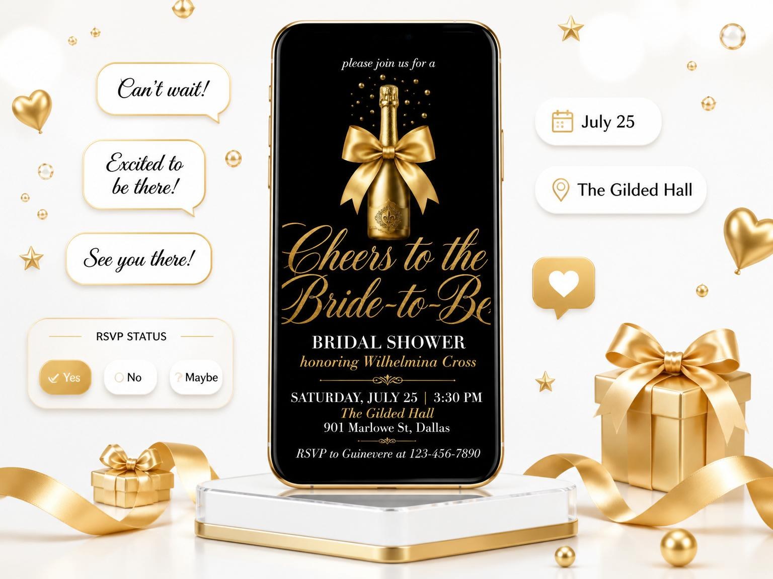 The Gold Champagne Bottle Bridal Shower invitation on a phone, with guest RSVPs arriving around it