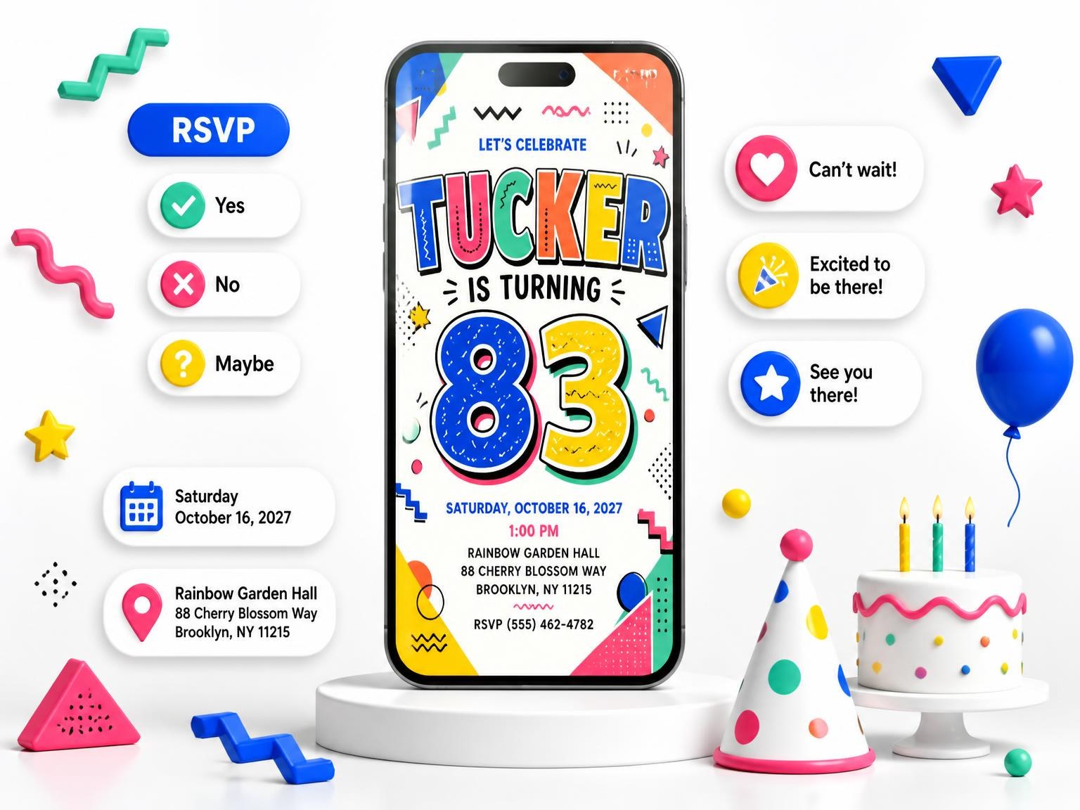 The Memphis Pop 83rd Birthday Invitation invitation on a phone, with guest RSVPs arriving around it