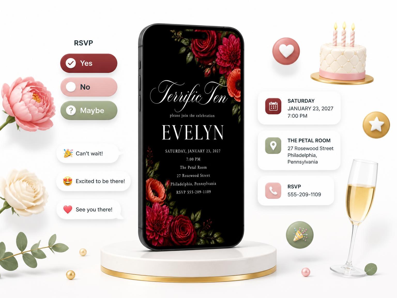 The Black Floral 10th Birthday Invitation invitation on a phone, with guest RSVPs arriving around it