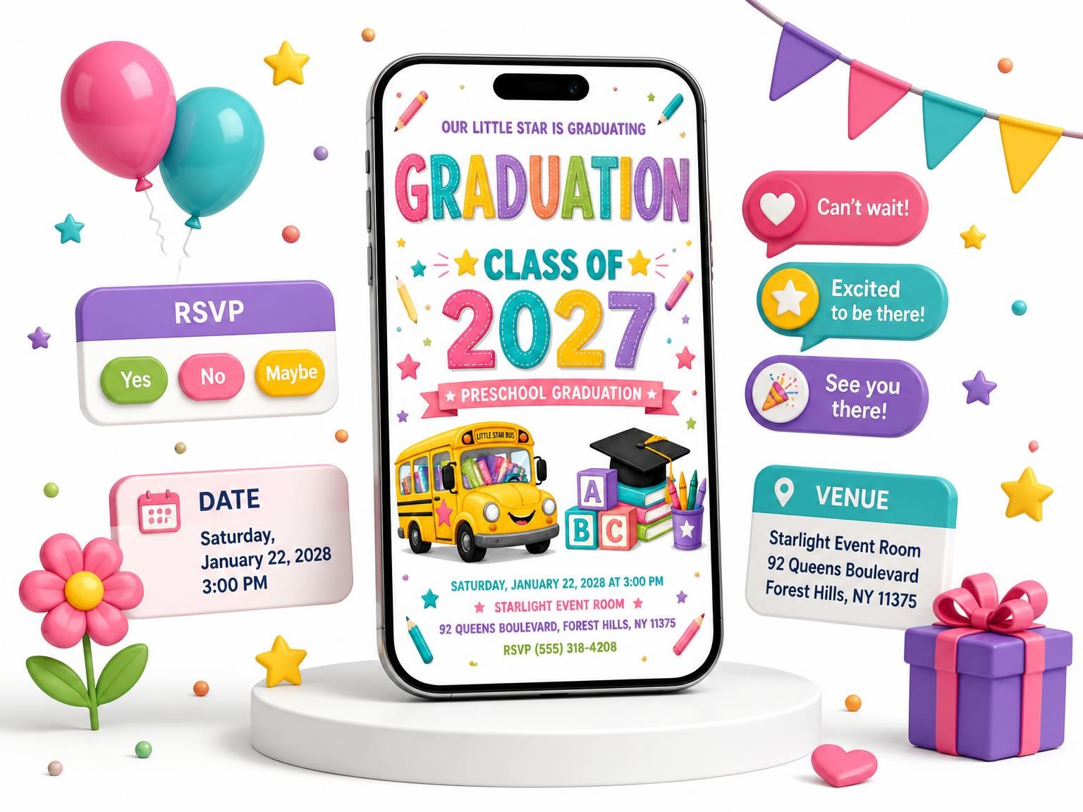 The Smiling School Bus Preschool Graduation Invitation invitation on a phone, with guest RSVPs arriving around it