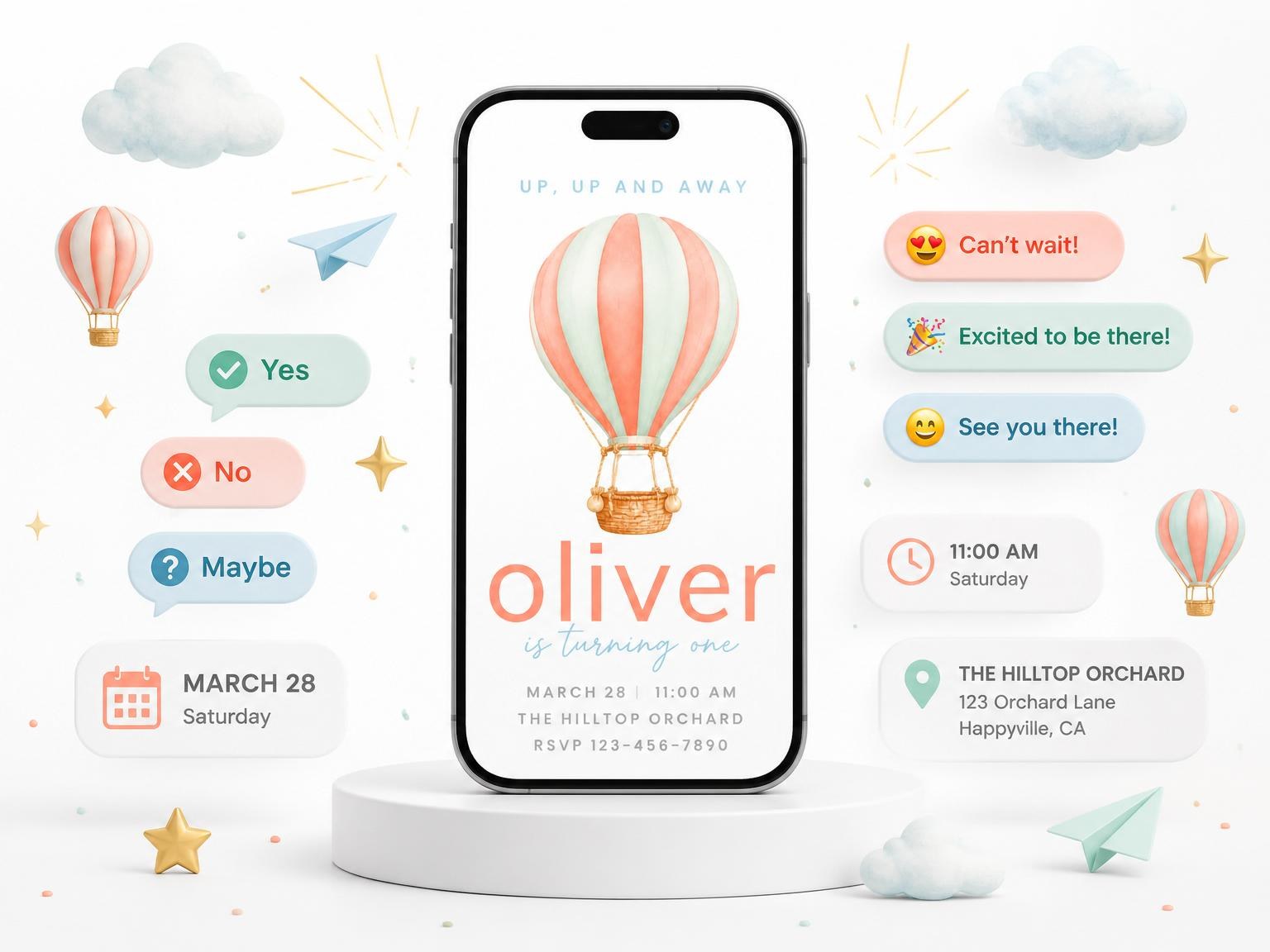 The Peach and Mint Balloon 1st Birthday invitation on a phone, with guest RSVPs arriving around it