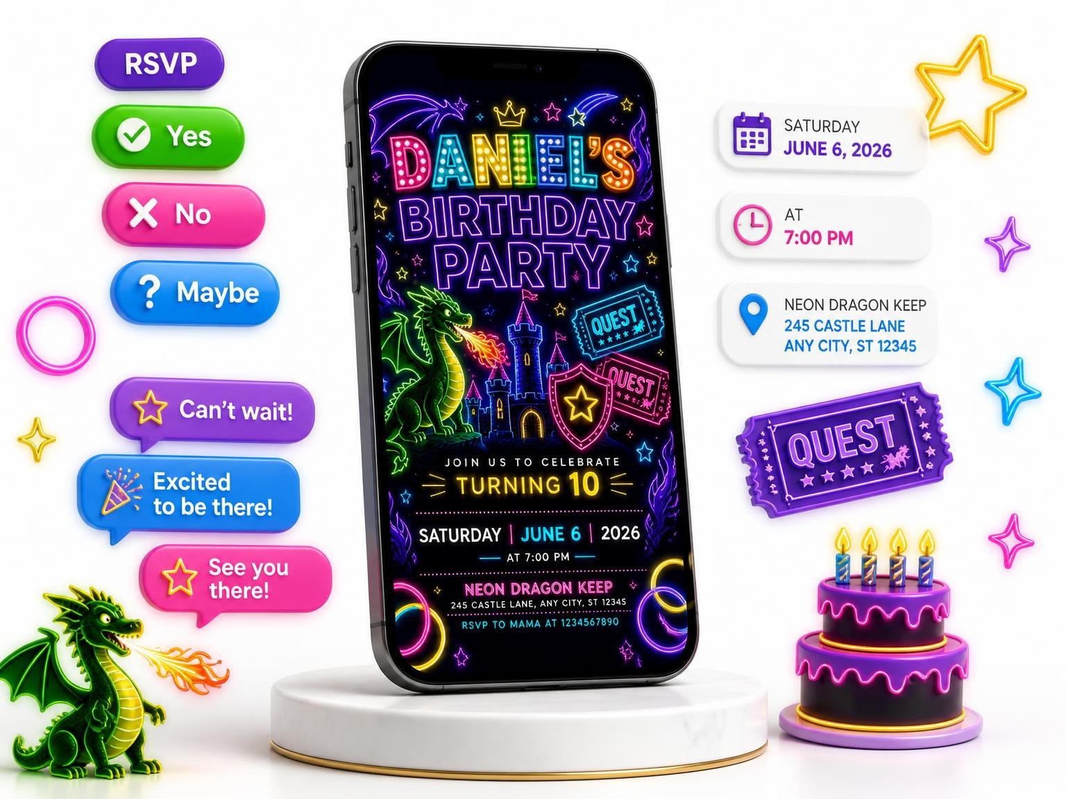 The Neon Dragon 10th Birthday Invitation invitation on a phone, with guest RSVPs arriving around it