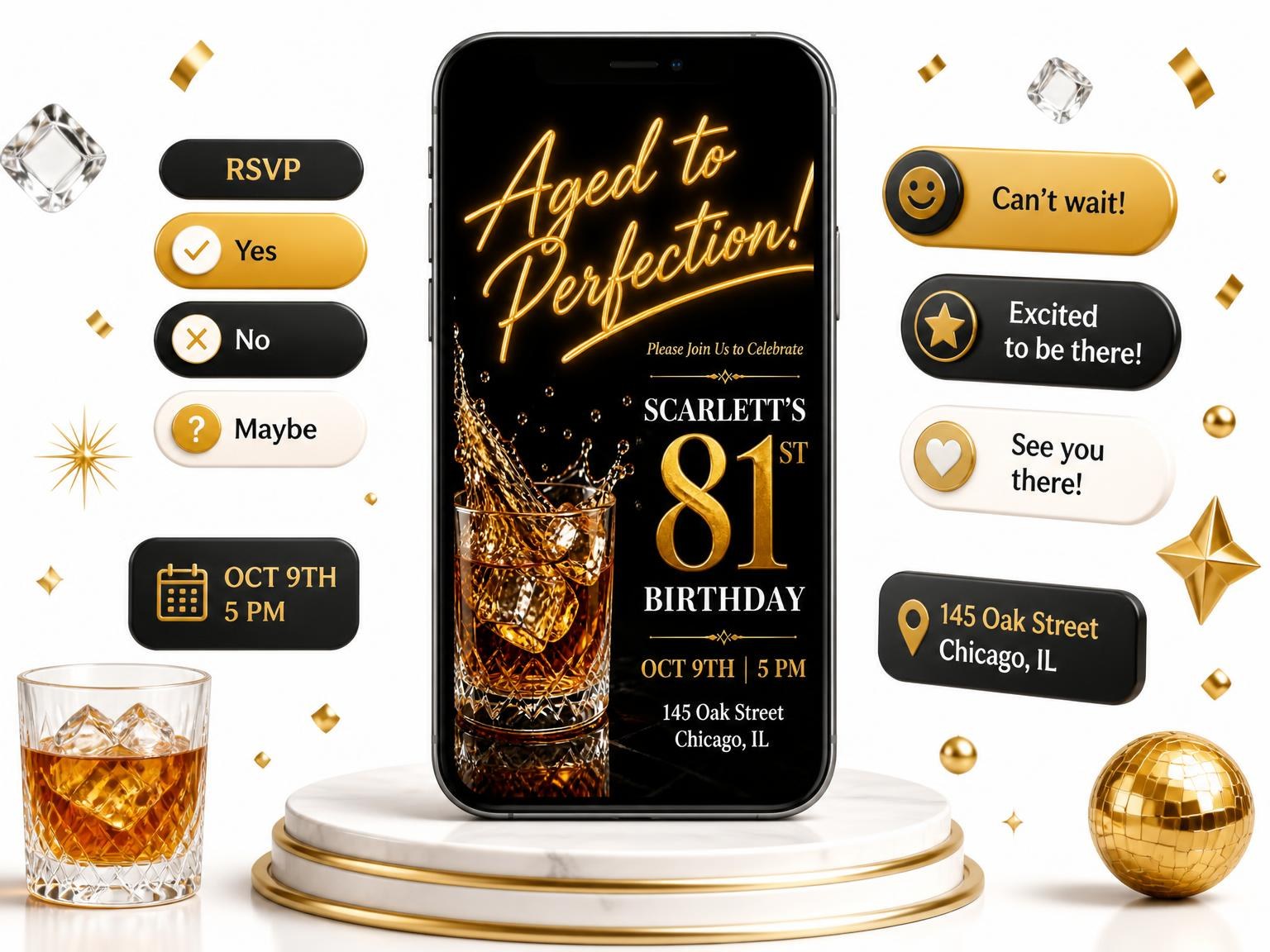 The Whiskey Glass 81st Birthday Invitation invitation on a phone, with guest RSVPs arriving around it