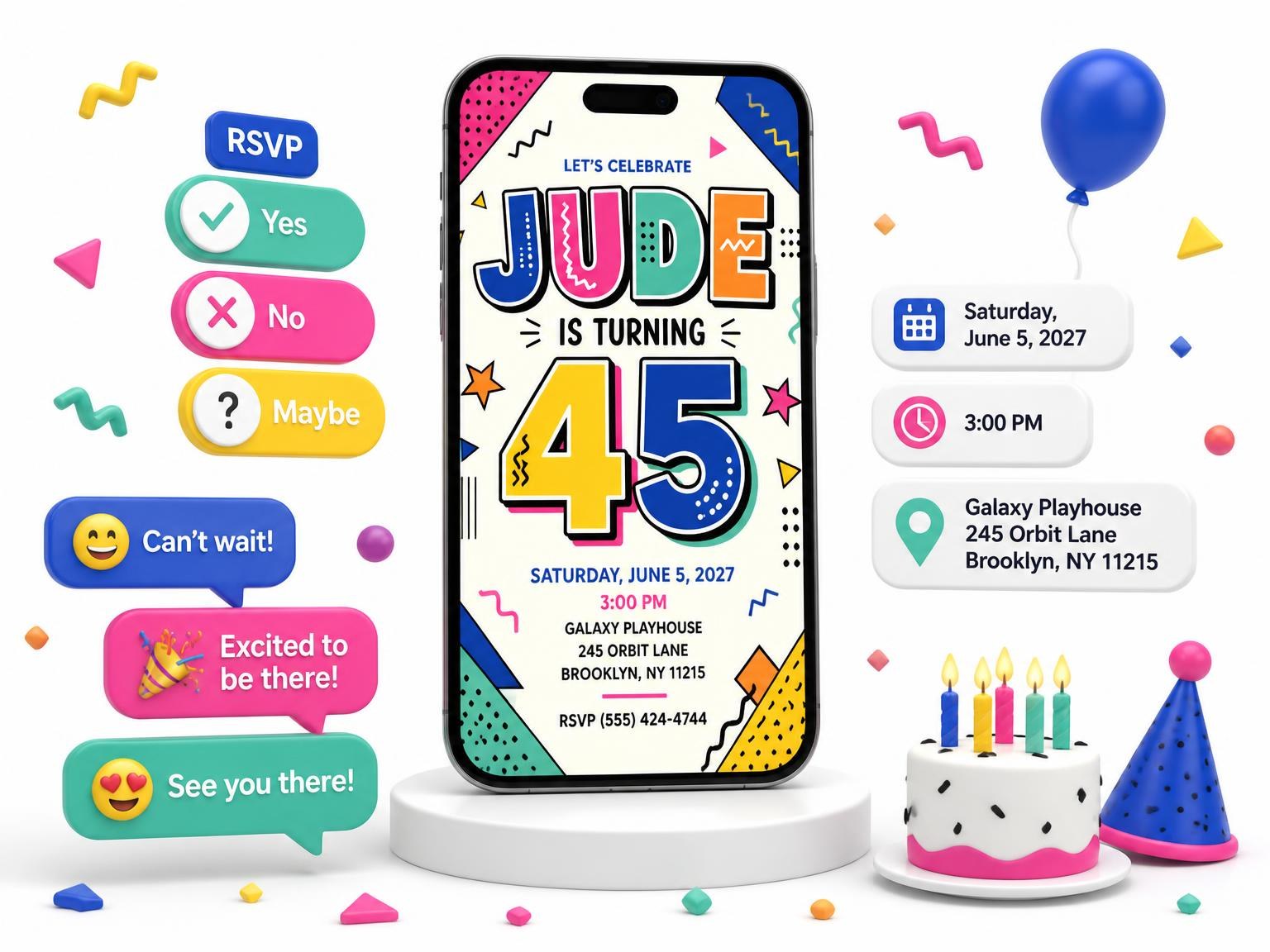 The Memphis Pop 45th Birthday Invitation invitation on a phone, with guest RSVPs arriving around it