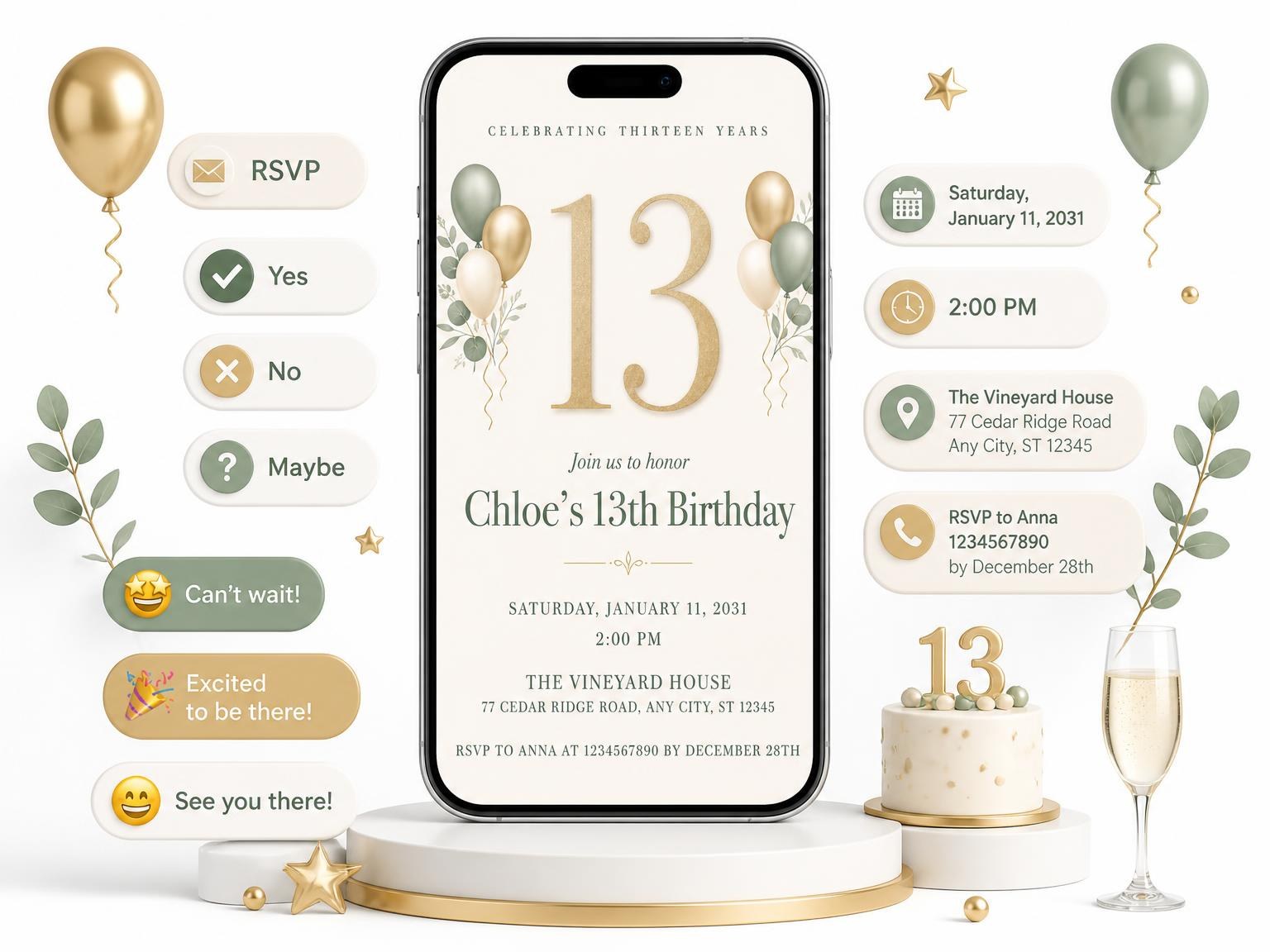 The Sage and Ivory 13th Birthday Invitation invitation on a phone, with guest RSVPs arriving around it