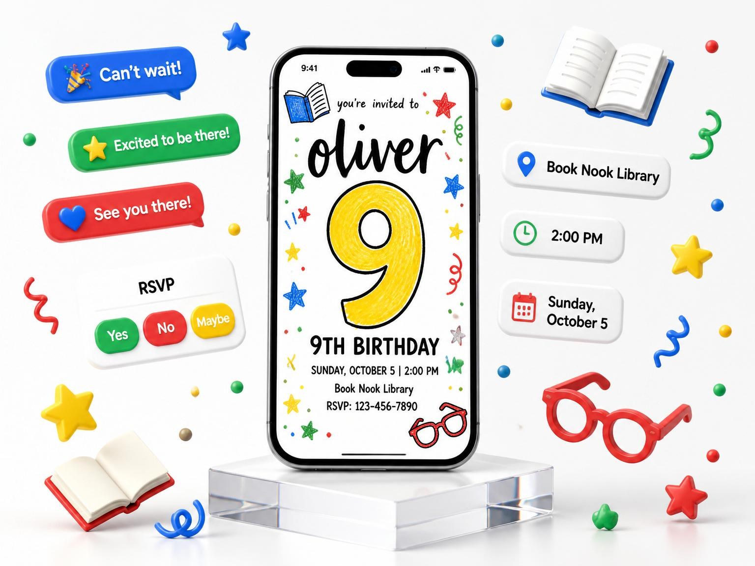 The Crayon Library Star 9th Birthday invitation on a phone, with guest RSVPs arriving around it