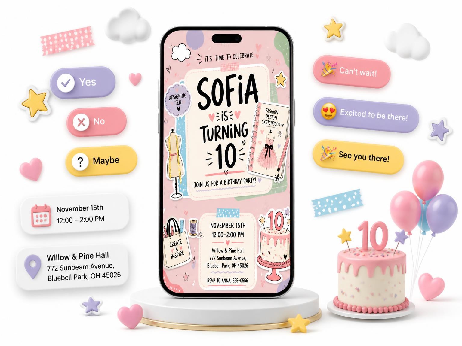 The Dress Form Pastel 10th Birthday Invitation invitation on a phone, with guest RSVPs arriving around it