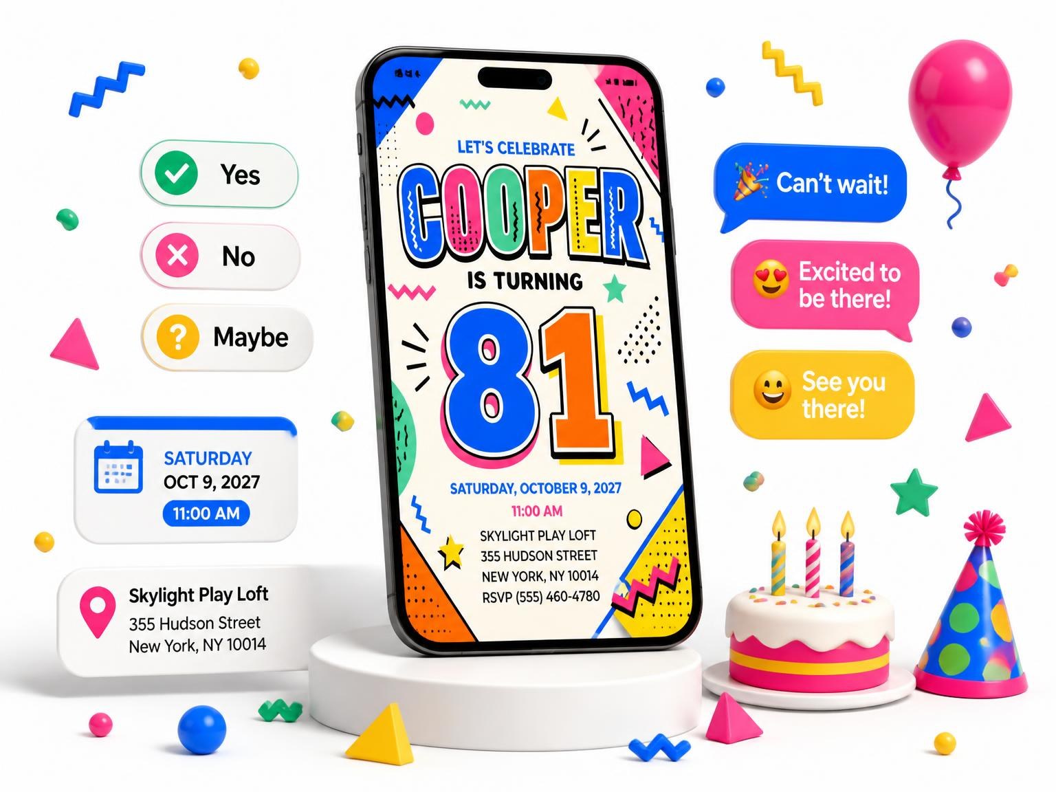 The Memphis Pop 81st Birthday Invitation invitation on a phone, with guest RSVPs arriving around it
