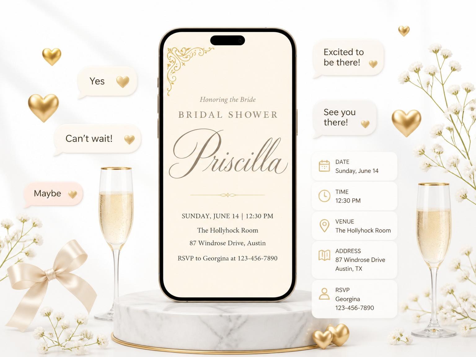 The Cream and Gold Filigree Bridal Shower invitation on a phone, with guest RSVPs arriving around it
