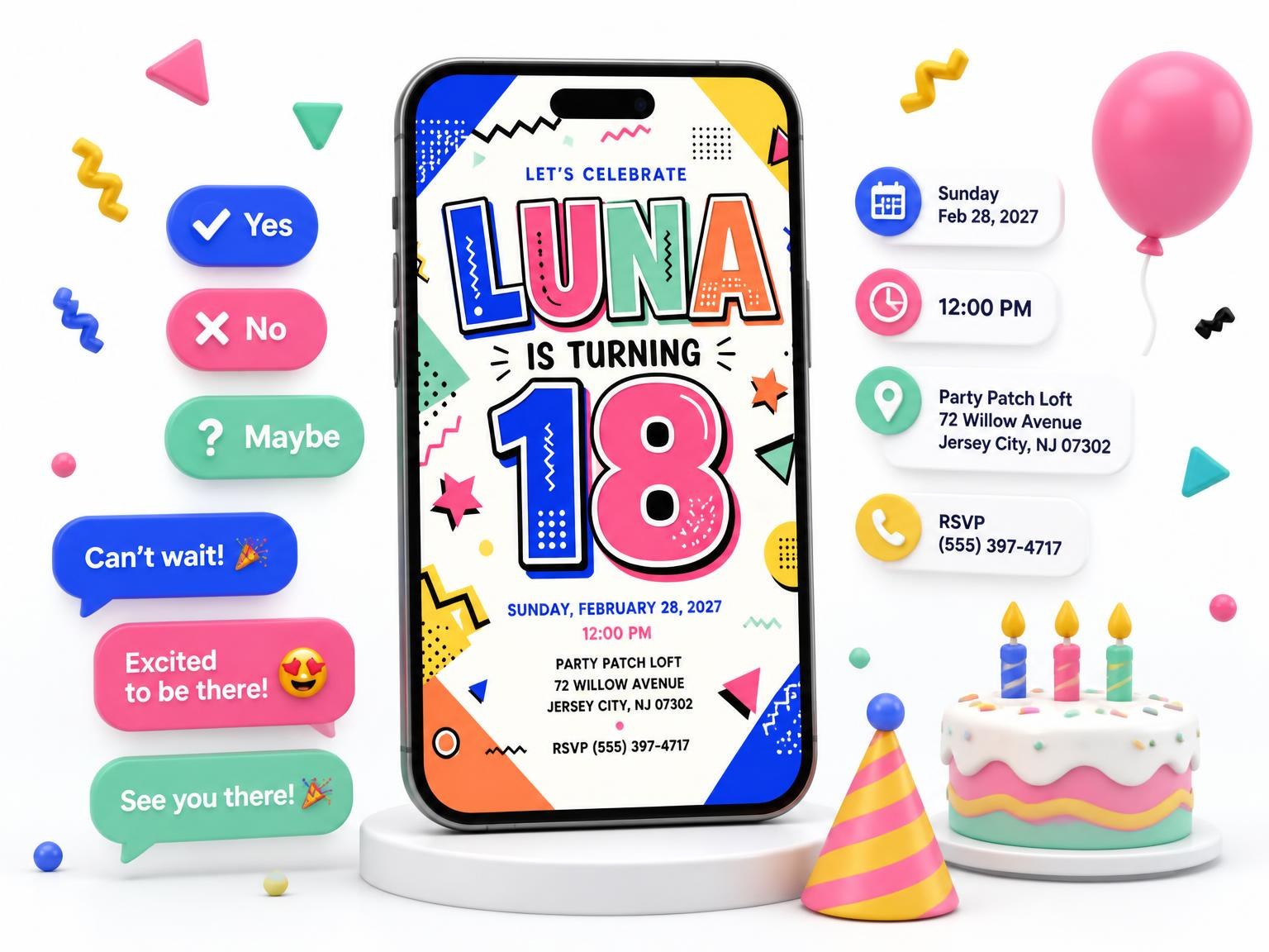 The Memphis Pop 18th Birthday Invitation invitation on a phone, with guest RSVPs arriving around it