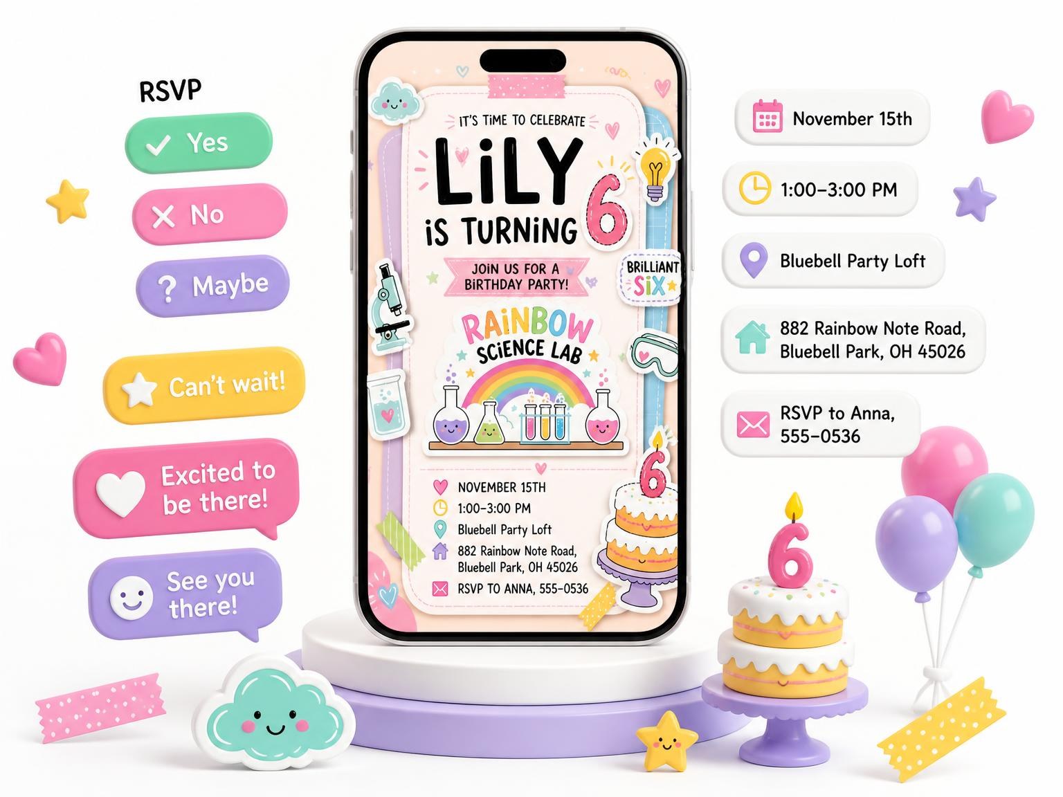 The Science Lab Pastel 6th Birthday Invitation invitation on a phone, with guest RSVPs arriving around it