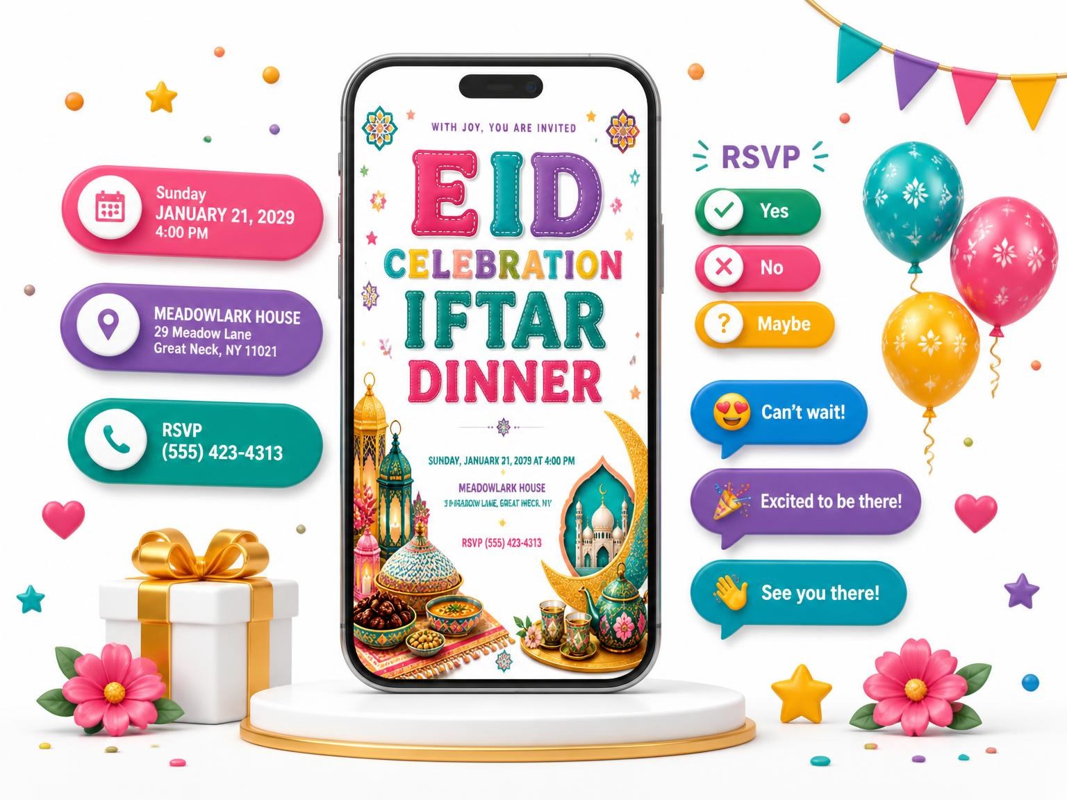 The Eid Celebration and Iftar Dinner Invitation invitation on a phone, with guest RSVPs arriving around it