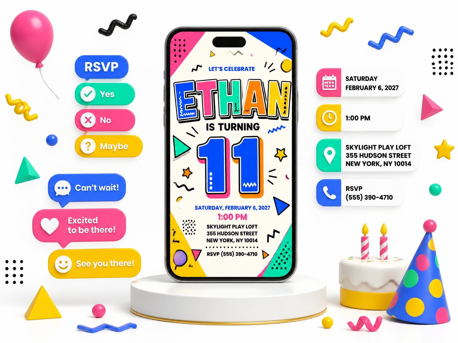 The Memphis Pop 11th Birthday Invitation invitation on a phone, with guest RSVPs arriving around it