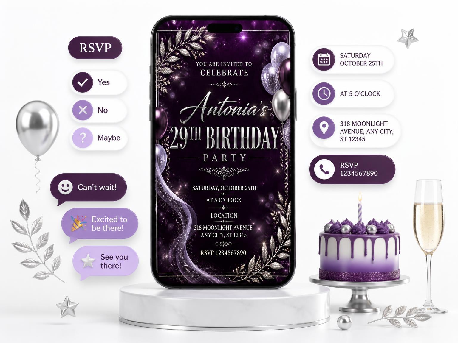 The Plum and Silver 29th Birthday Invitation invitation on a phone, with guest RSVPs arriving around it