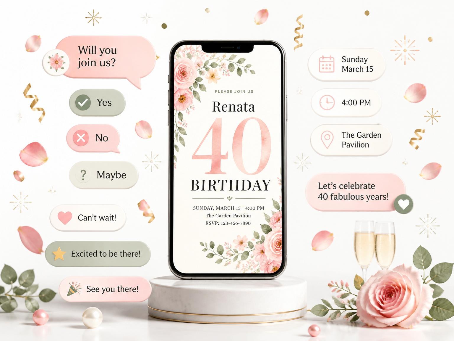The Blush Watercolor Floral 40th Birthday invitation on a phone, with guest RSVPs arriving around it