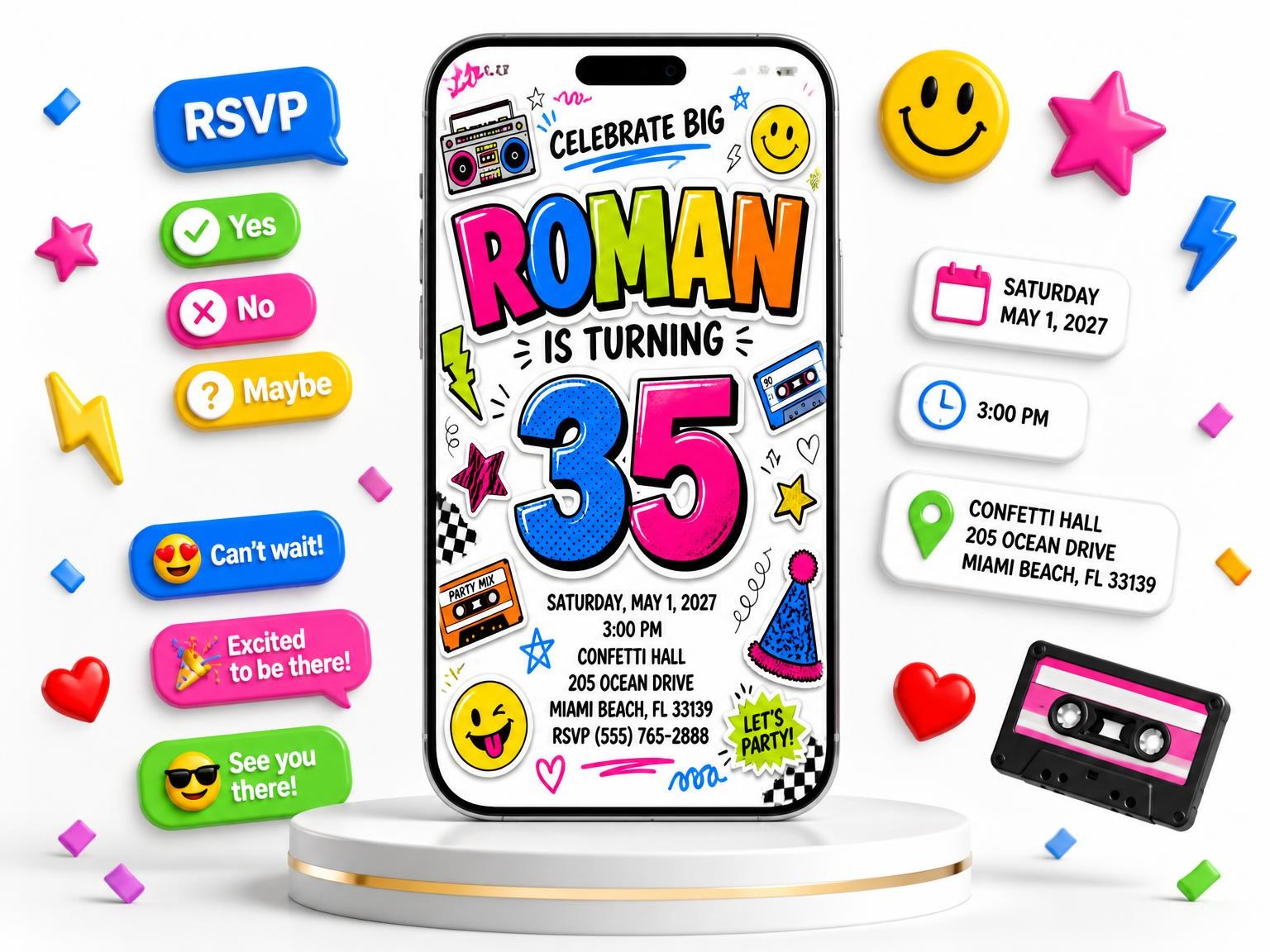 The Sticker Pop 35th Birthday Invitation invitation on a phone, with guest RSVPs arriving around it