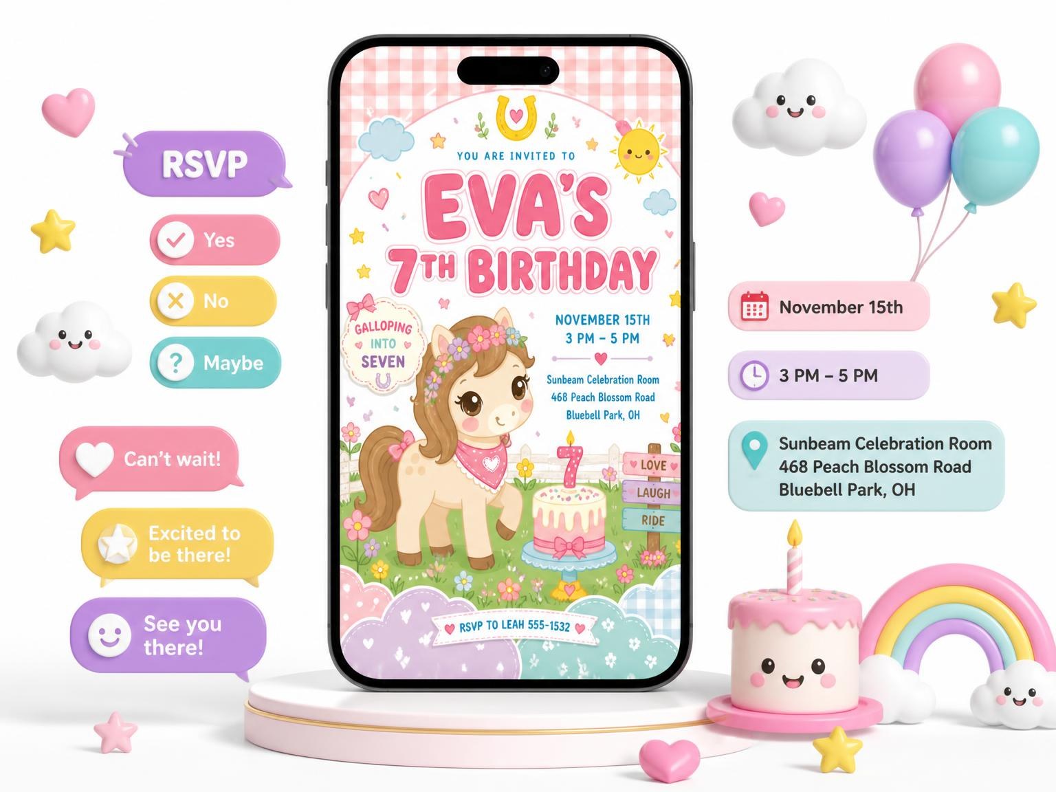 The Kawaii Pony 7th Birthday Invitation invitation on a phone, with guest RSVPs arriving around it