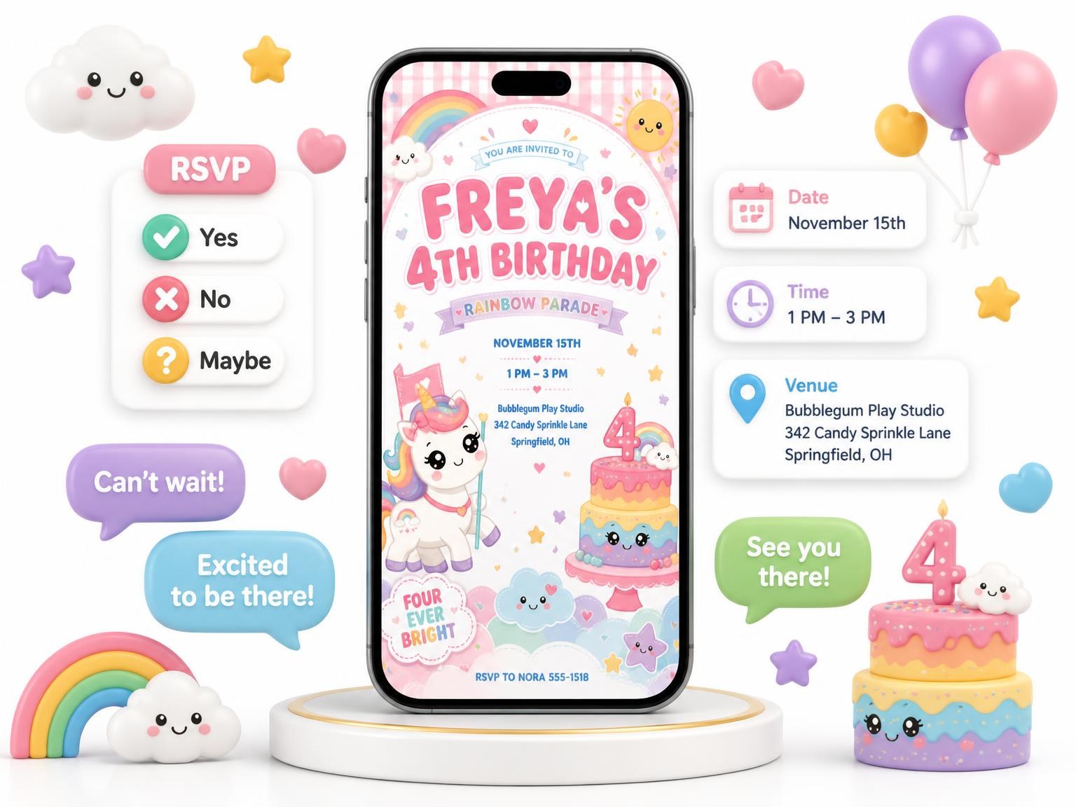 The Unicorn Kawaii Pastel 4th Birthday Invitation invitation on a phone, with guest RSVPs arriving around it