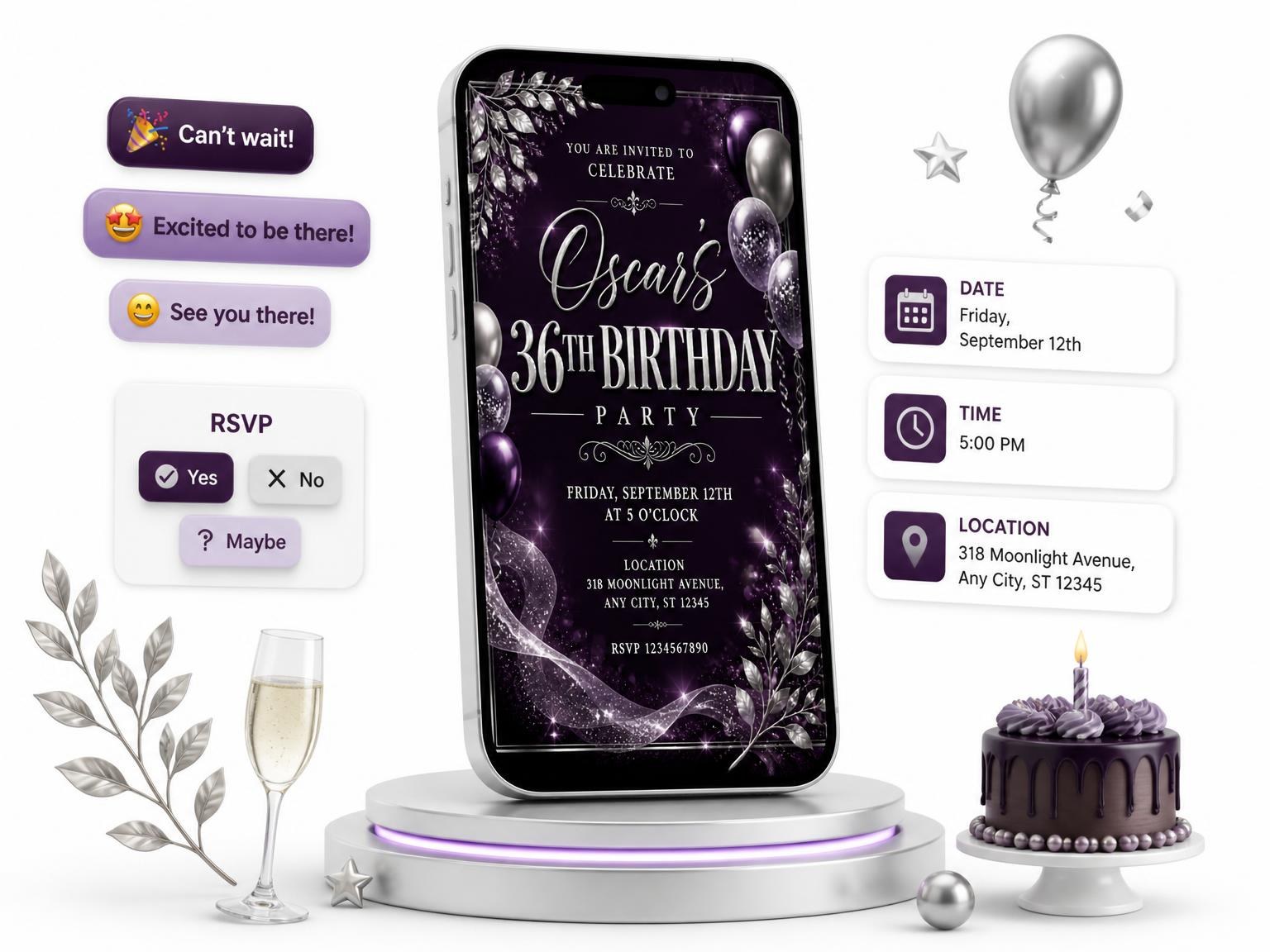The Plum and Silver 36th Birthday Invitation invitation on a phone, with guest RSVPs arriving around it