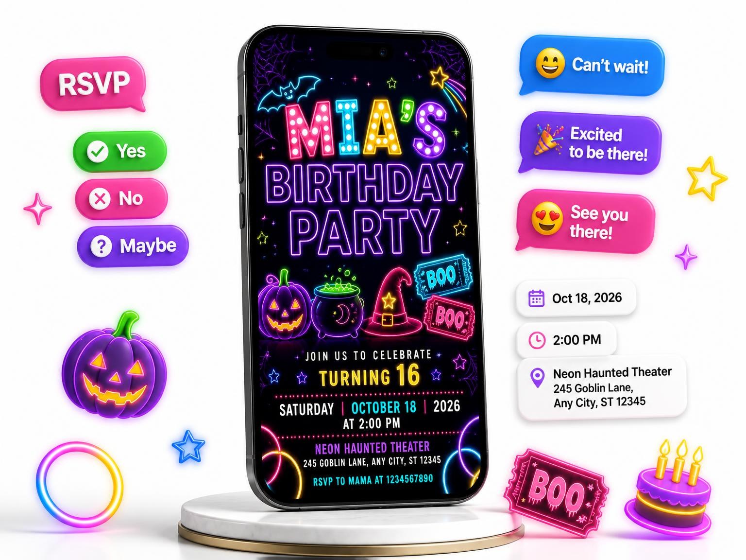 The Neon Halloween Glow 16th Birthday Invitation invitation on a phone, with guest RSVPs arriving around it