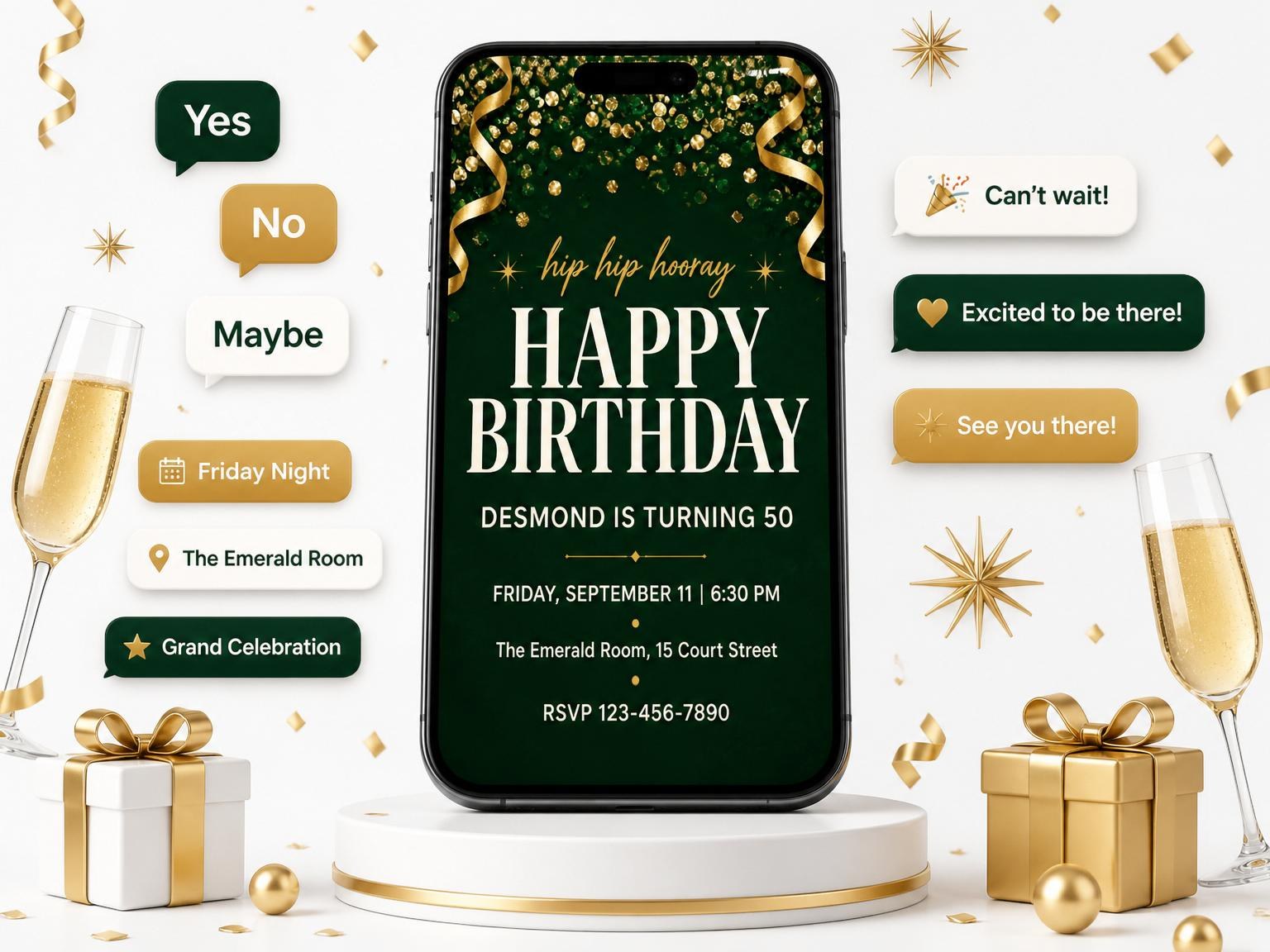 The Emerald Gold Confetti 50th Birthday invitation on a phone, with guest RSVPs arriving around it