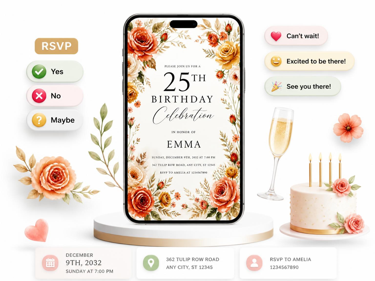 The Terracotta Autumn Botanical 25th Birthday Invitation invitation on a phone, with guest RSVPs arriving around it