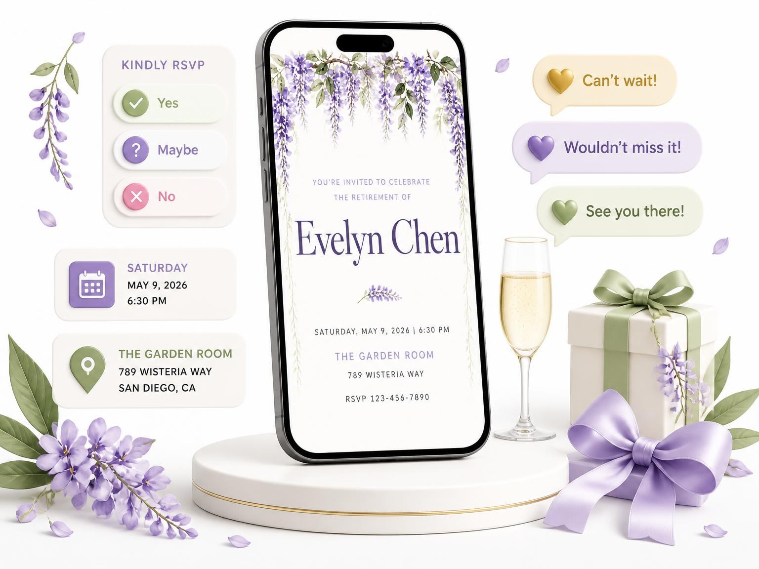 The Wisteria Canopy Retirement Invitation invitation on a phone, with guest RSVPs arriving around it