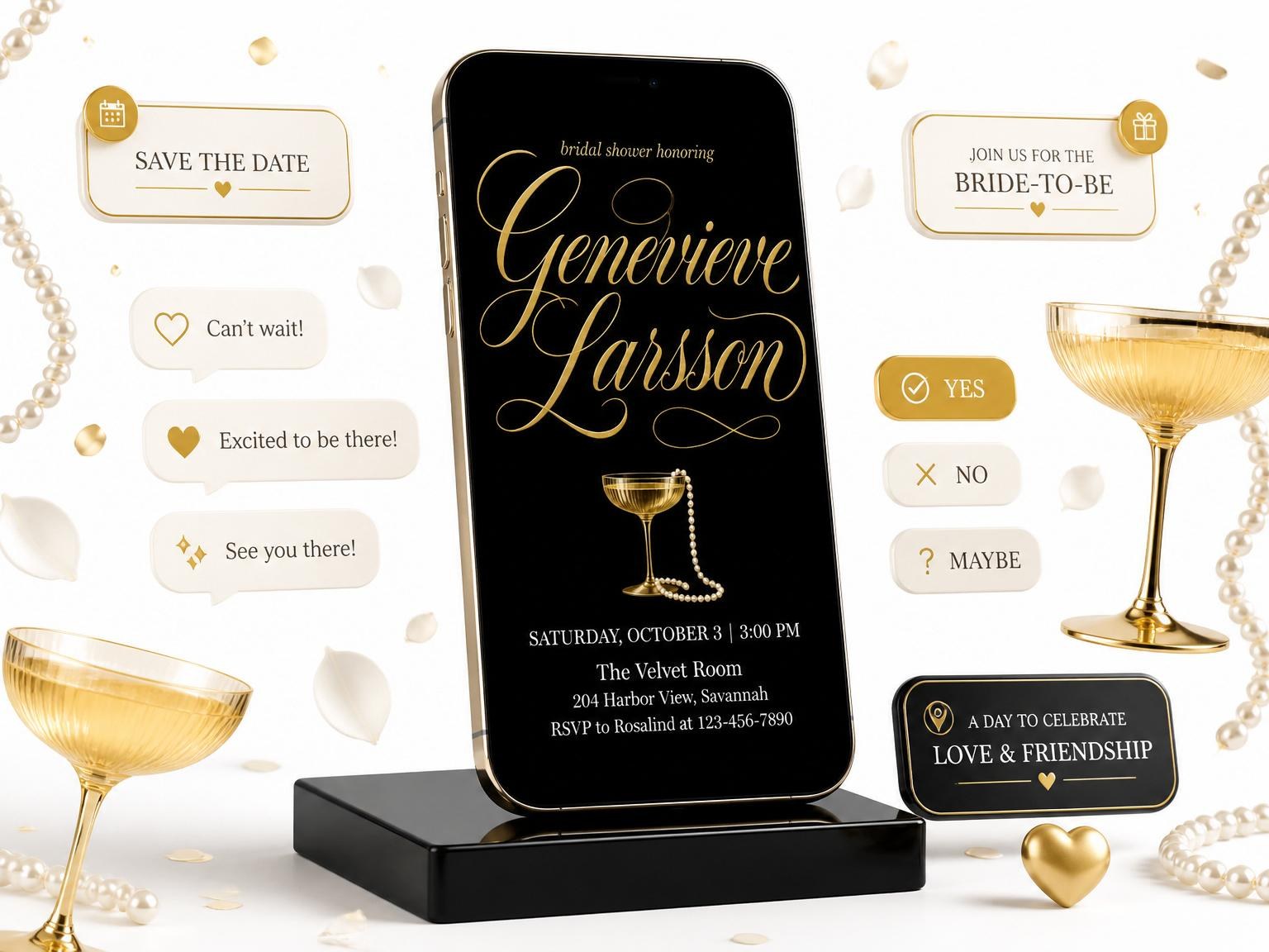 The Gold Calligraphy Coupe Bridal Shower invitation on a phone, with guest RSVPs arriving around it