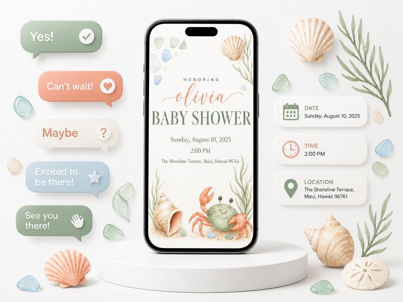The Coastal Watercolor Crab Baby Shower invitation on a phone, with guest RSVPs arriving around it