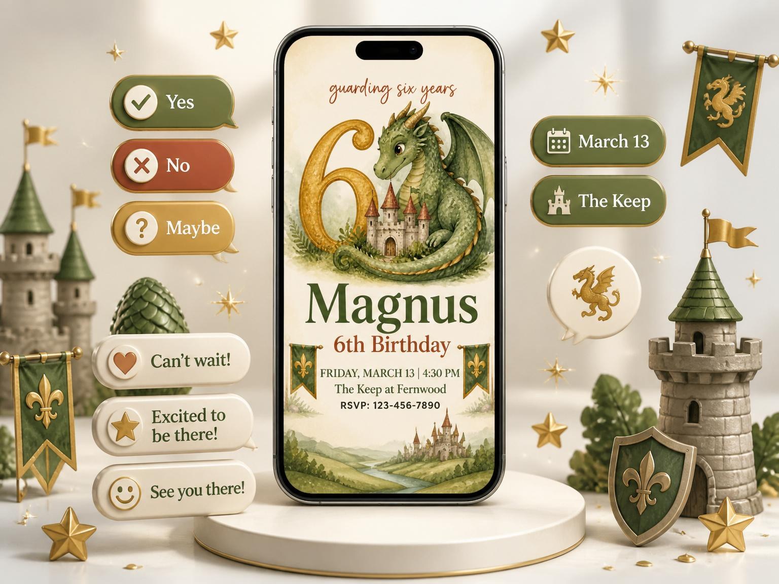 The Watercolor Dragon Castle 6th Birthday invitation on a phone, with guest RSVPs arriving around it