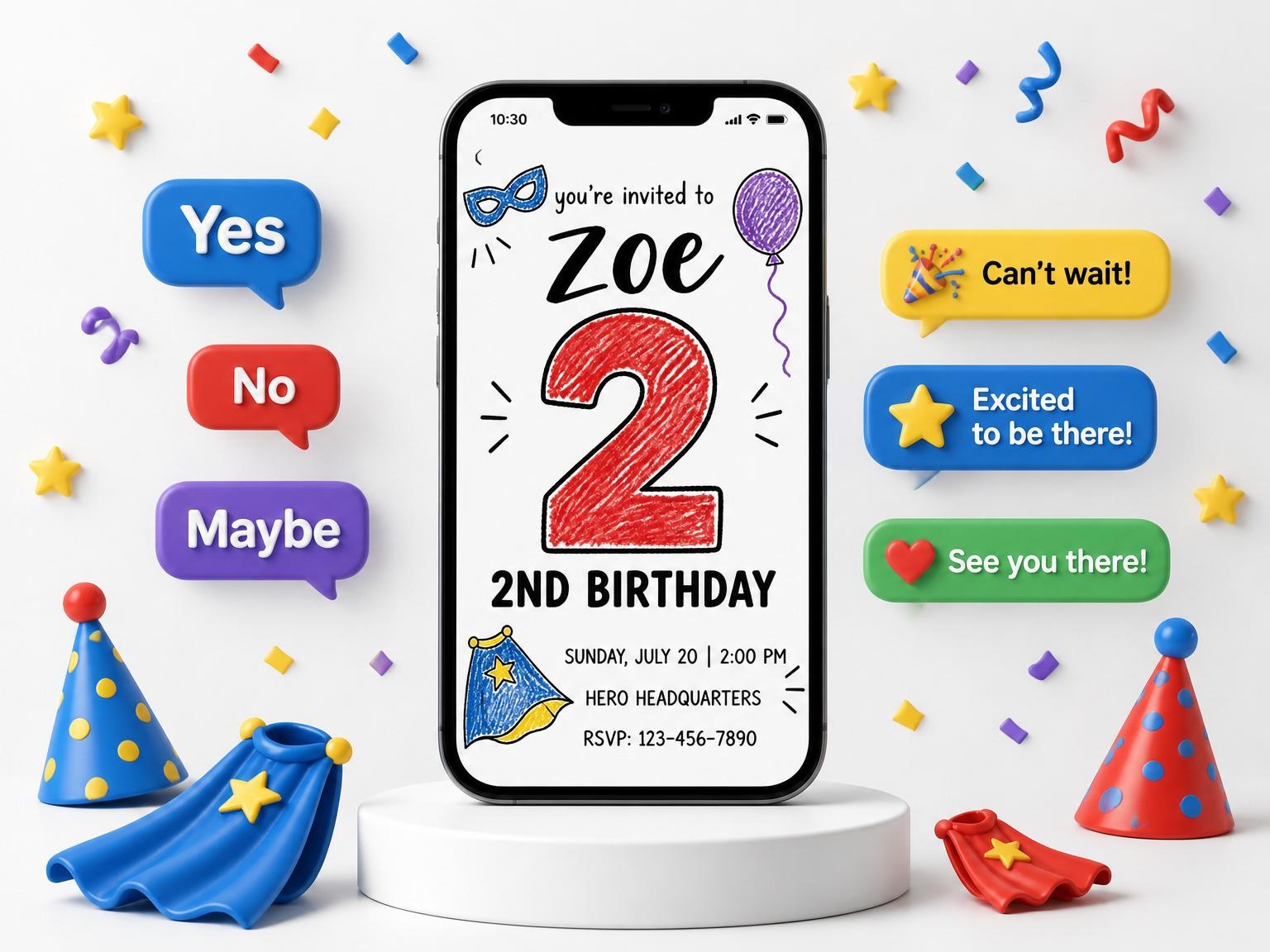 The Crayon Superhero 2nd Birthday invitation on a phone, with guest RSVPs arriving around it