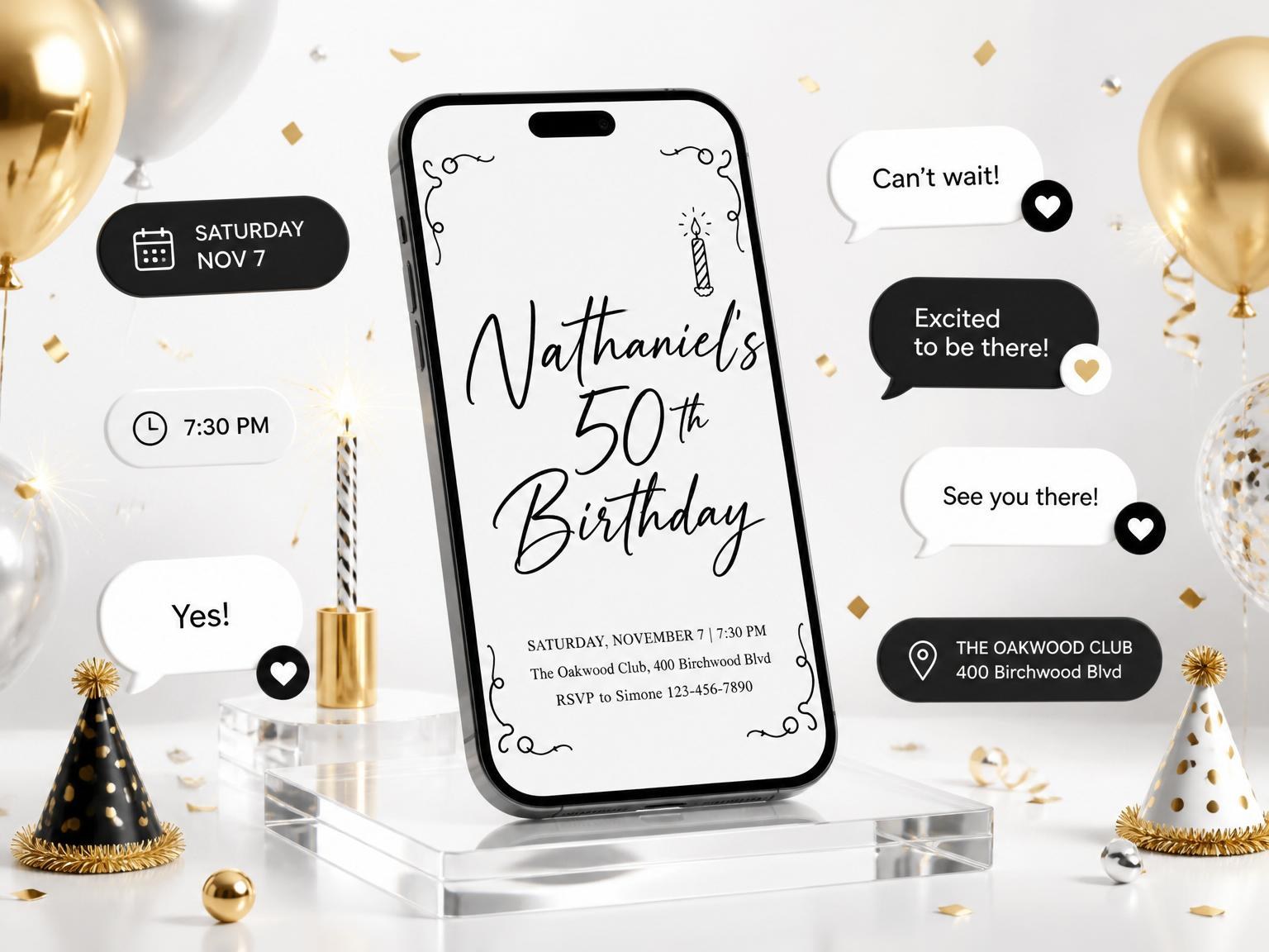 The Black and White Candle 50th Birthday invitation on a phone, with guest RSVPs arriving around it