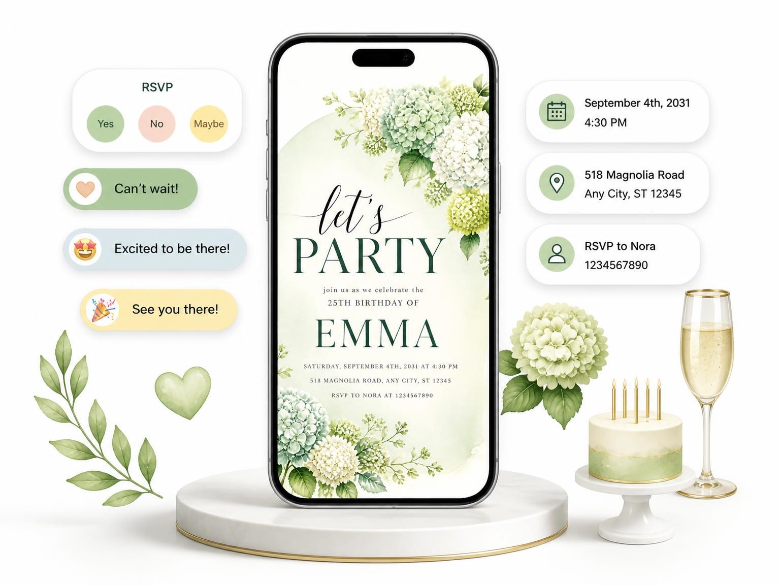 The Blooms Foliage Mint 25th Birthday Invitation invitation on a phone, with guest RSVPs arriving around it