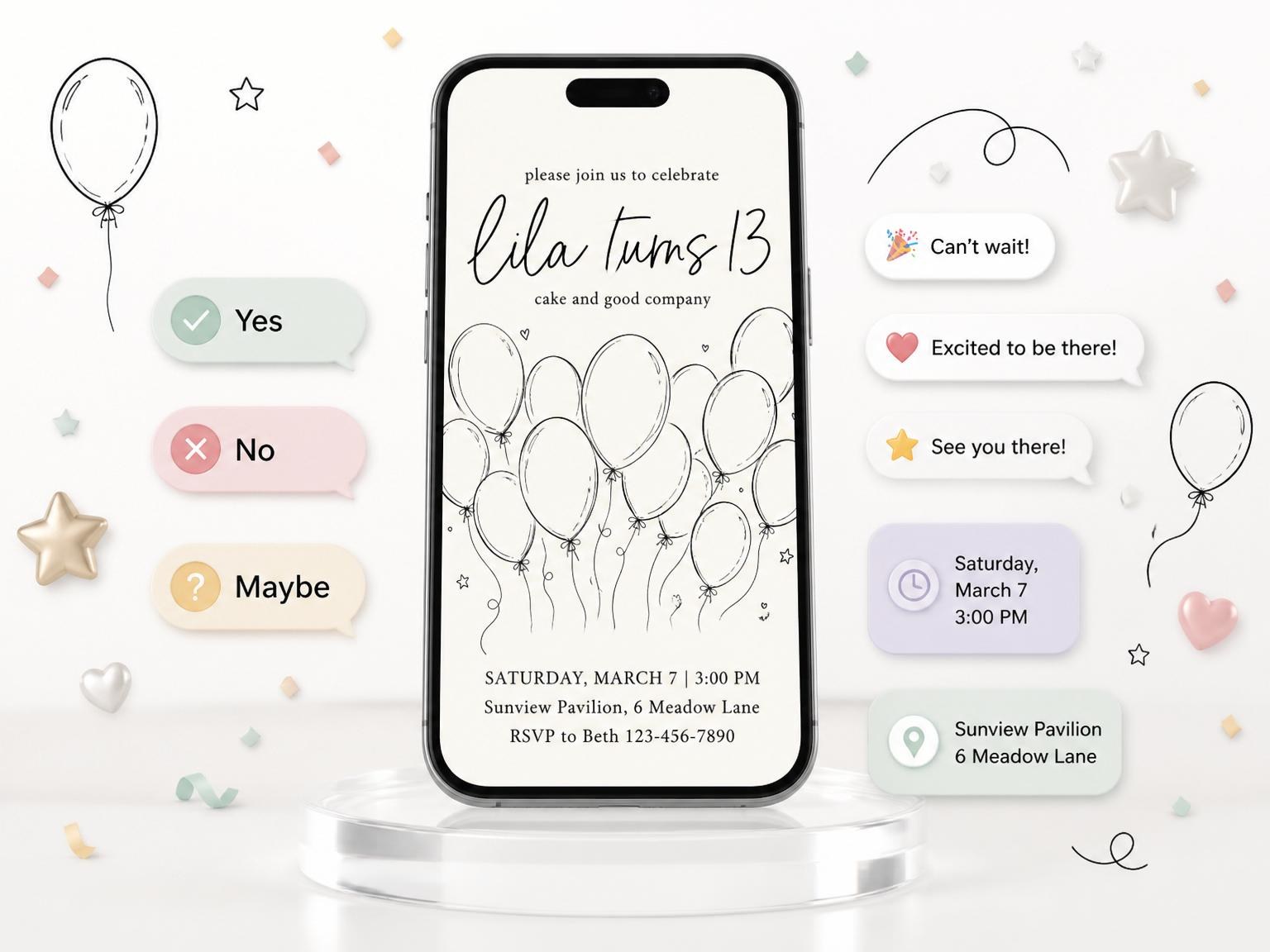 The Minimalist Hand-Drawn Balloon 13th Birthday Invitation invitation on a phone, with guest RSVPs arriving around it