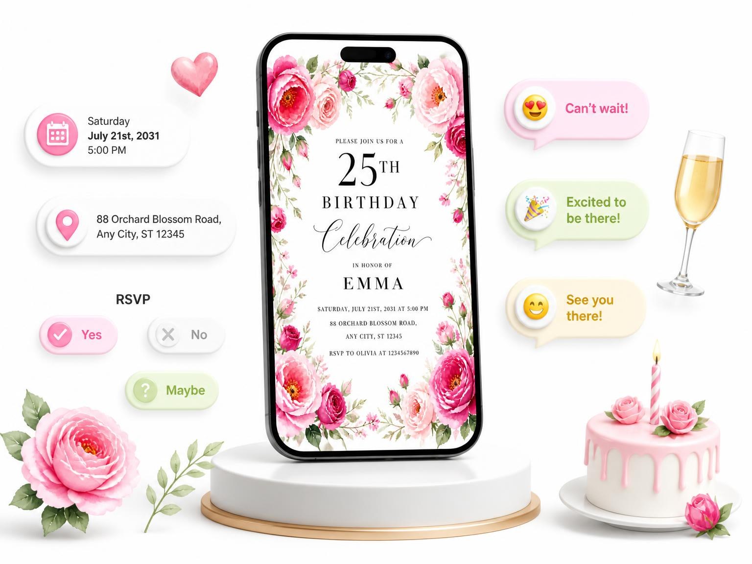 The Fuchsia Flowers Foliage 25th Birthday Invitation invitation on a phone, with guest RSVPs arriving around it
