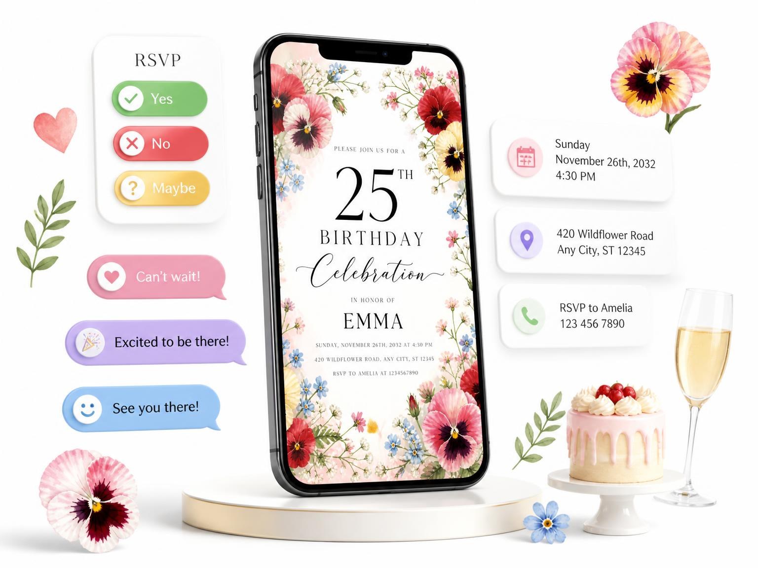 The Garden Floral Scarlet 25th Birthday Invitation invitation on a phone, with guest RSVPs arriving around it