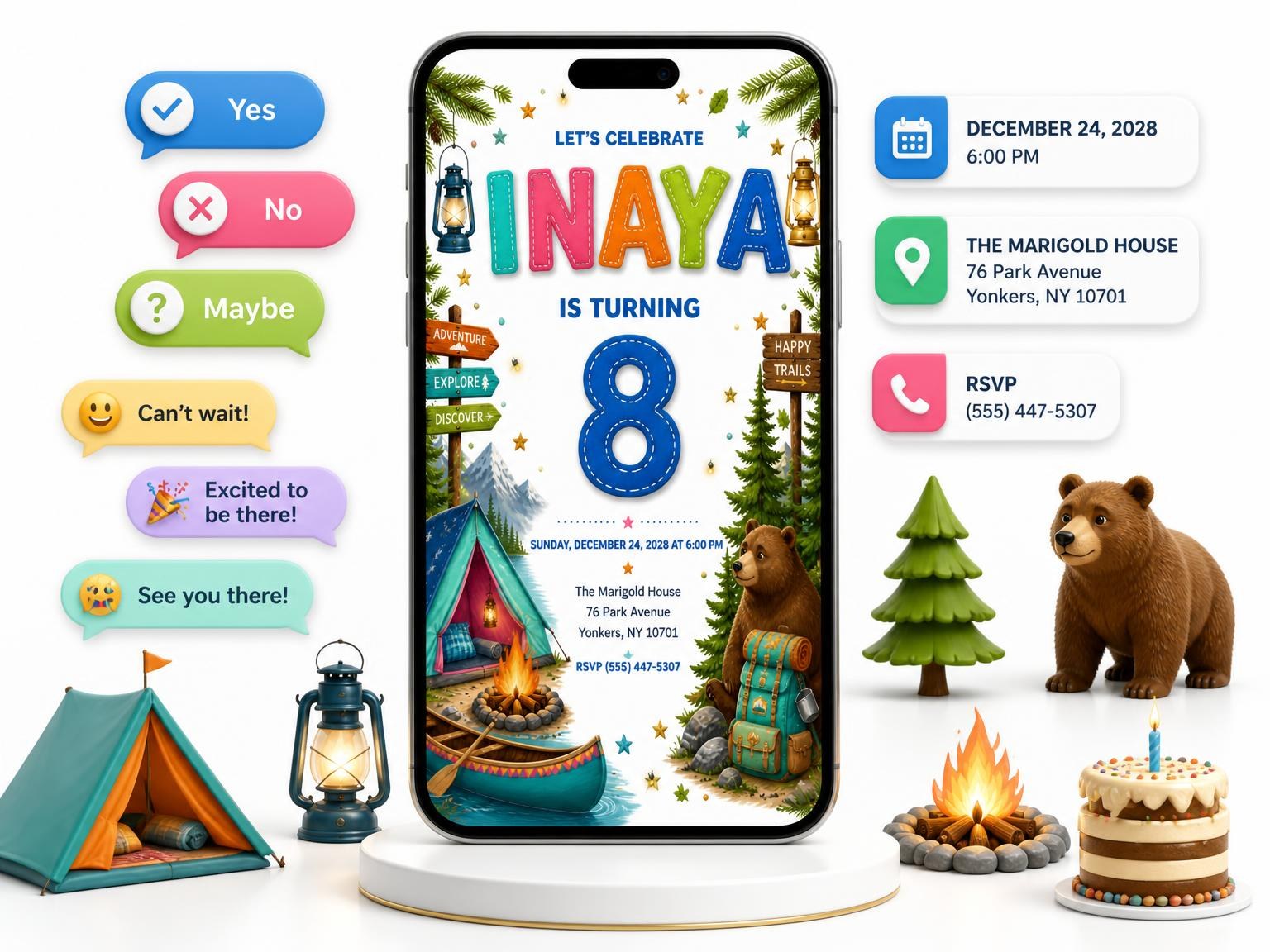 The Stitched Camping 8th Birthday Invitation invitation on a phone, with guest RSVPs arriving around it