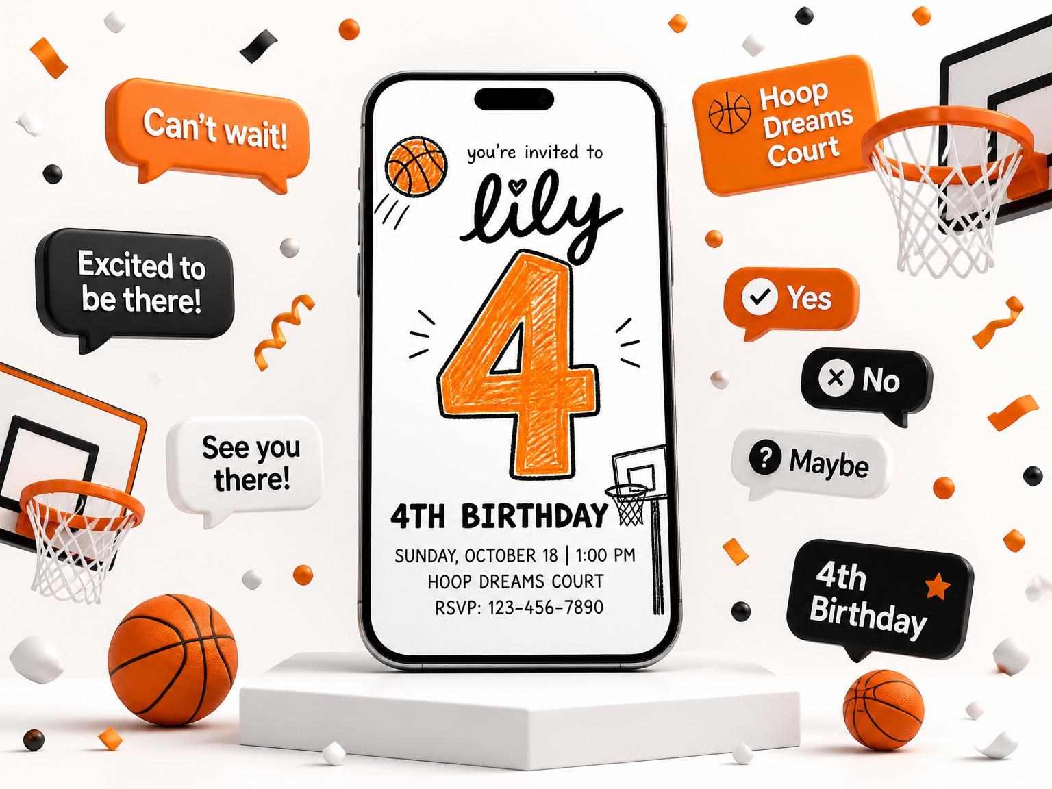 The Basketball 4th Birthday Invitation invitation on a phone, with guest RSVPs arriving around it
