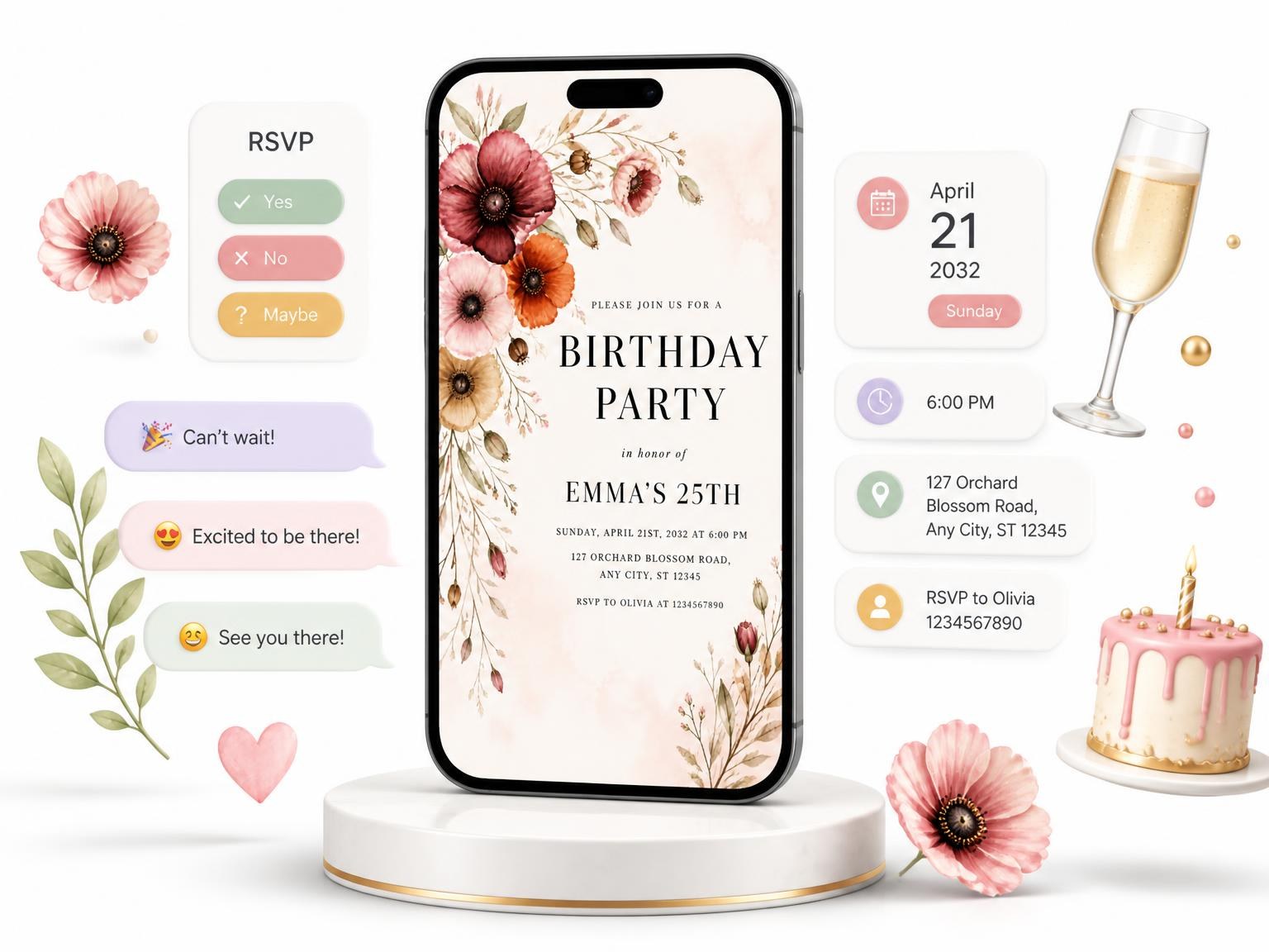 The Floral Bouquet Autumn 25th Birthday Invitation invitation on a phone, with guest RSVPs arriving around it