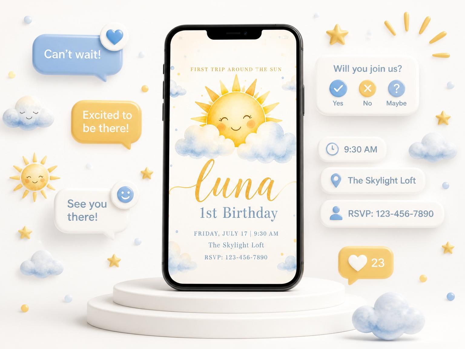 The Watercolor Sun and Clouds 1st Birthday invitation on a phone, with guest RSVPs arriving around it