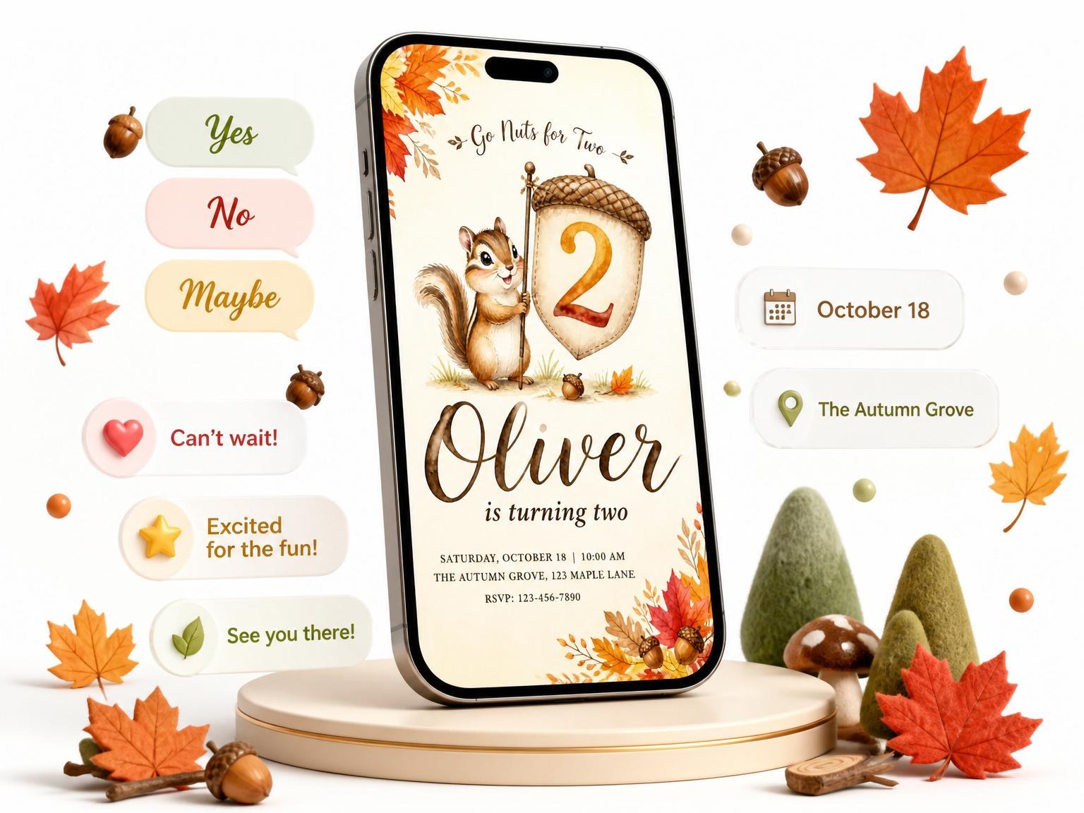 The Watercolor Chipmunk Autumn 2nd Birthday invitation on a phone, with guest RSVPs arriving around it