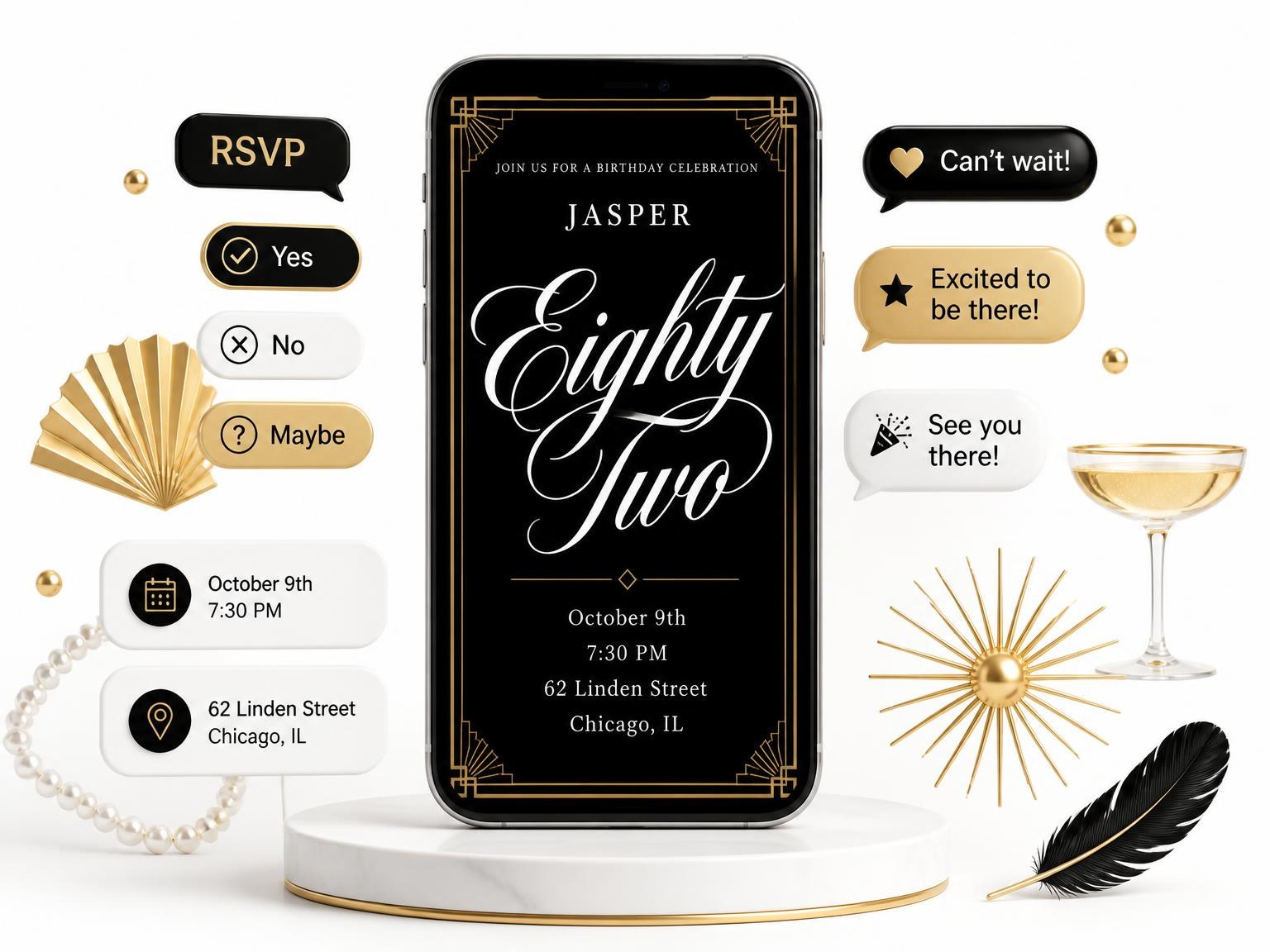 The Art Deco 82nd Birthday Invitation invitation on a phone, with guest RSVPs arriving around it